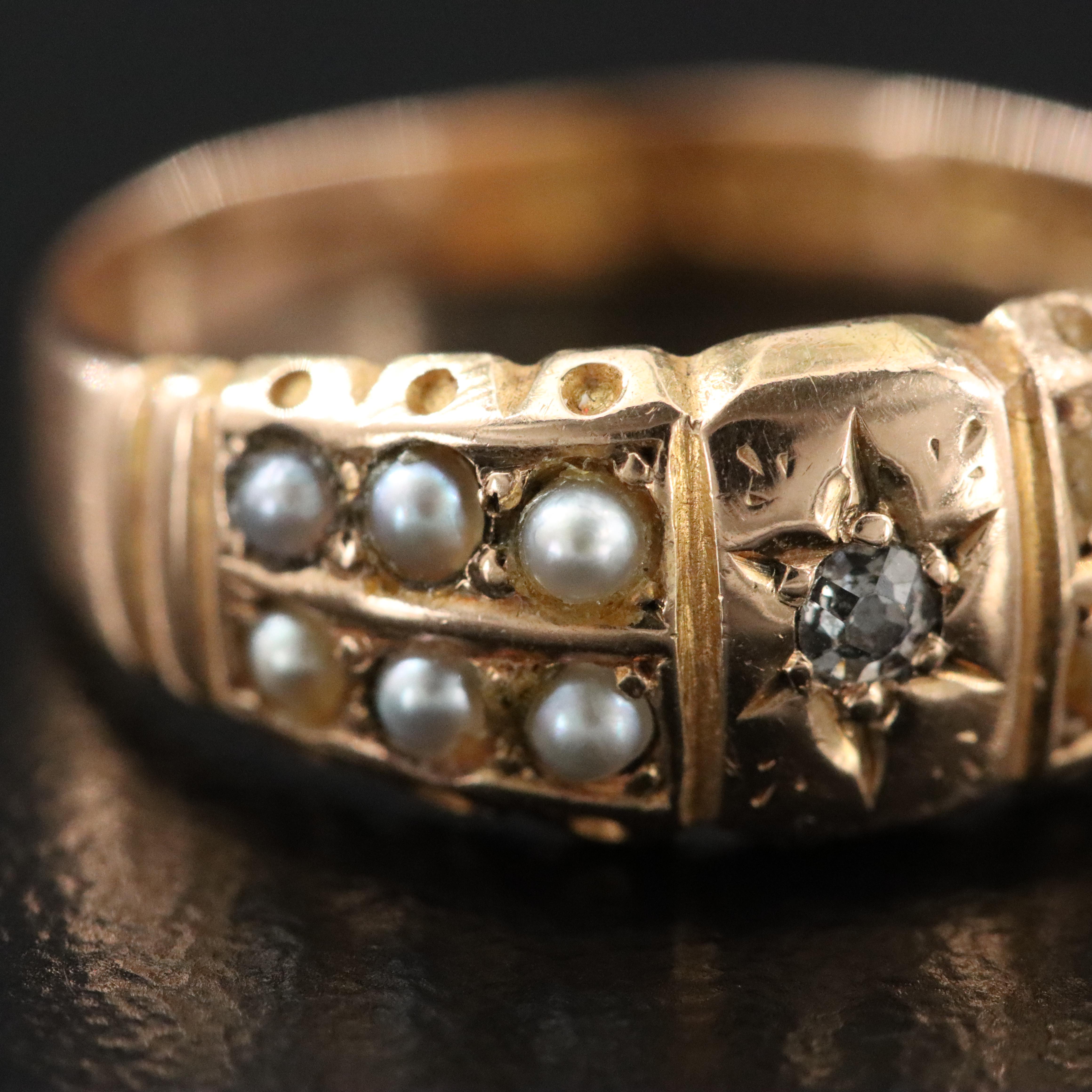 Victorian 15K 0.03 CT Diamond and Seed Pearl Ring