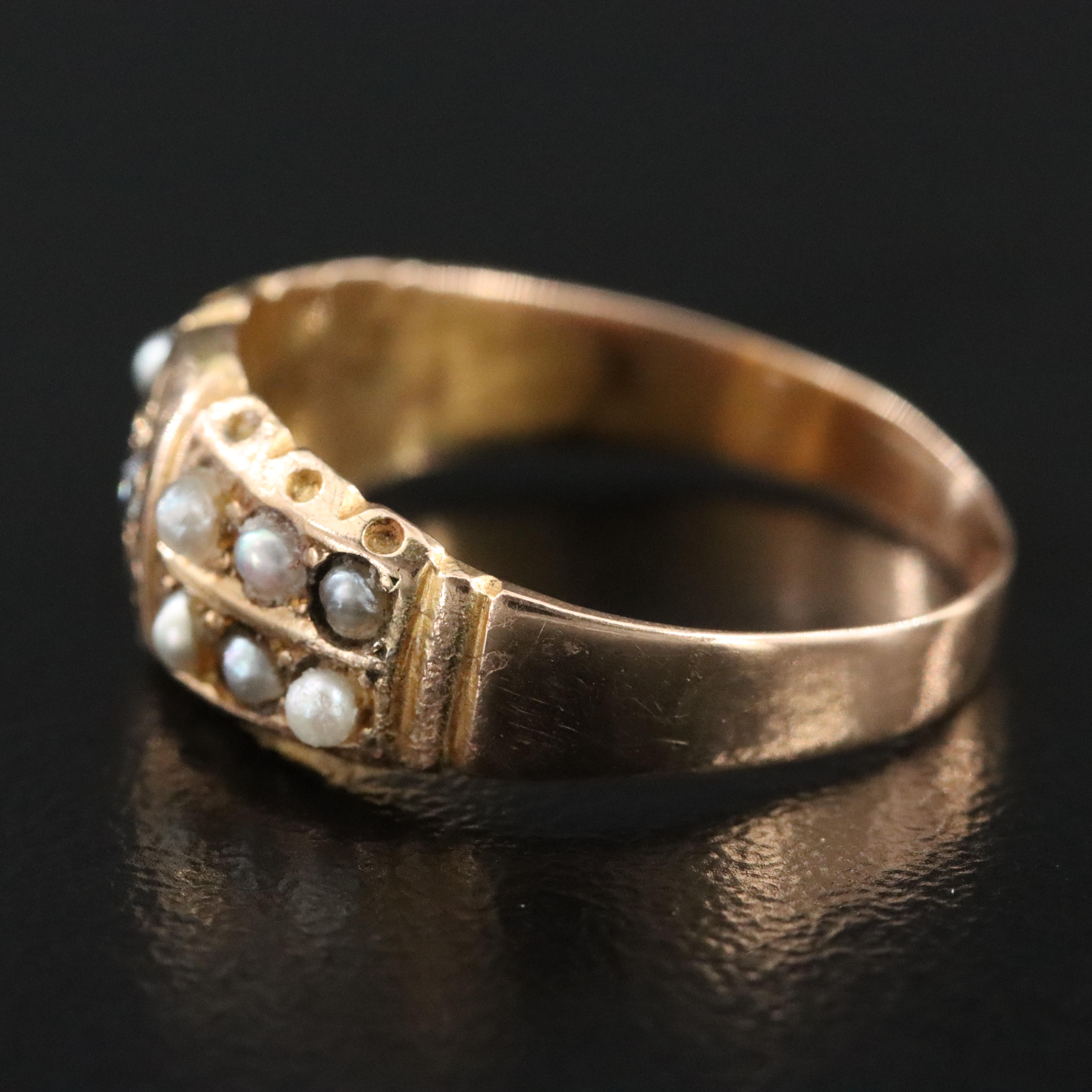 Victorian 15K 0.03 CT Diamond and Seed Pearl Ring
