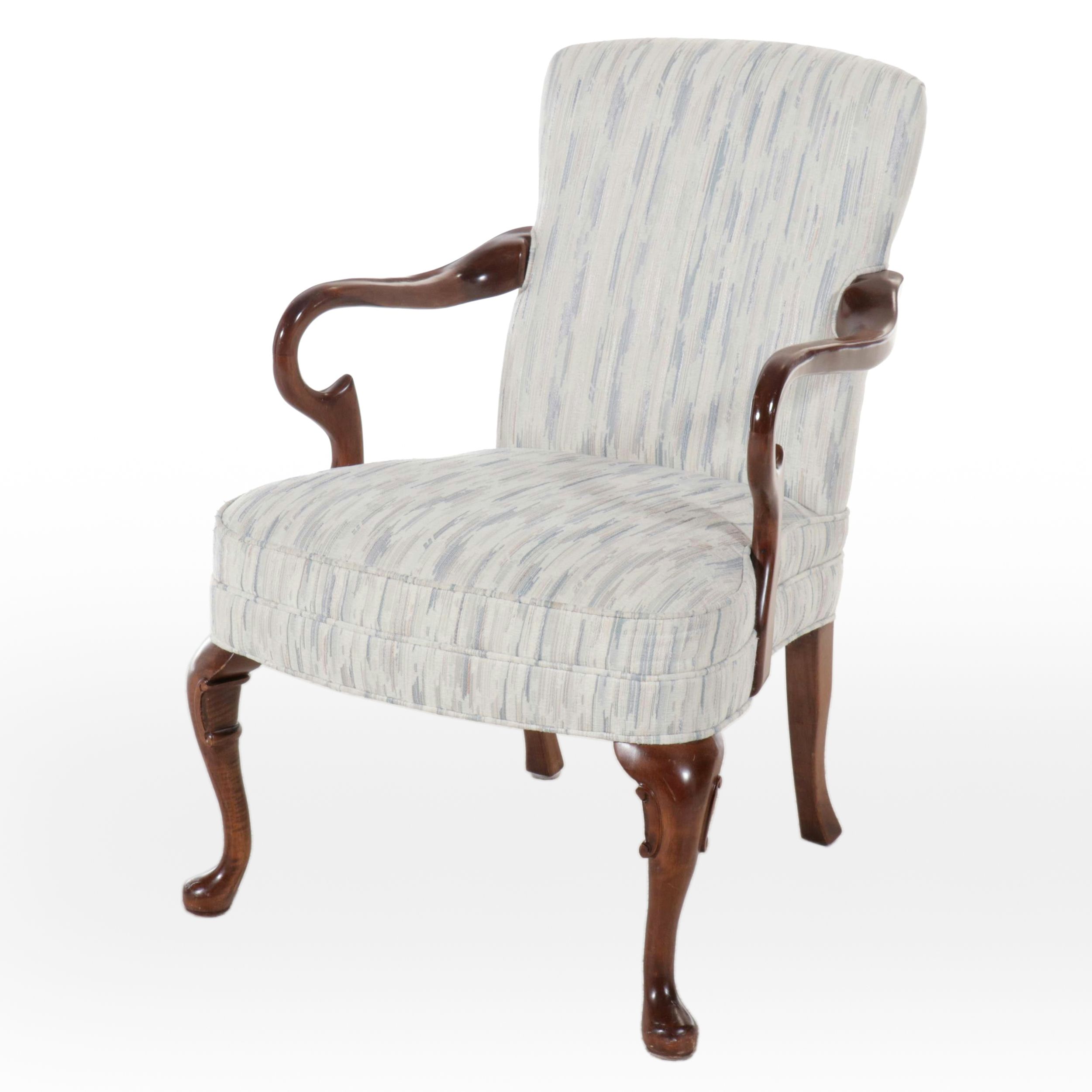 Queen Anne Style Fabric Upholstered Mahogany Armchair, Late 20th Century