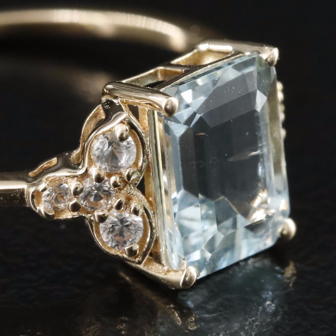 14K Aquamarine and White Sapphire Ring