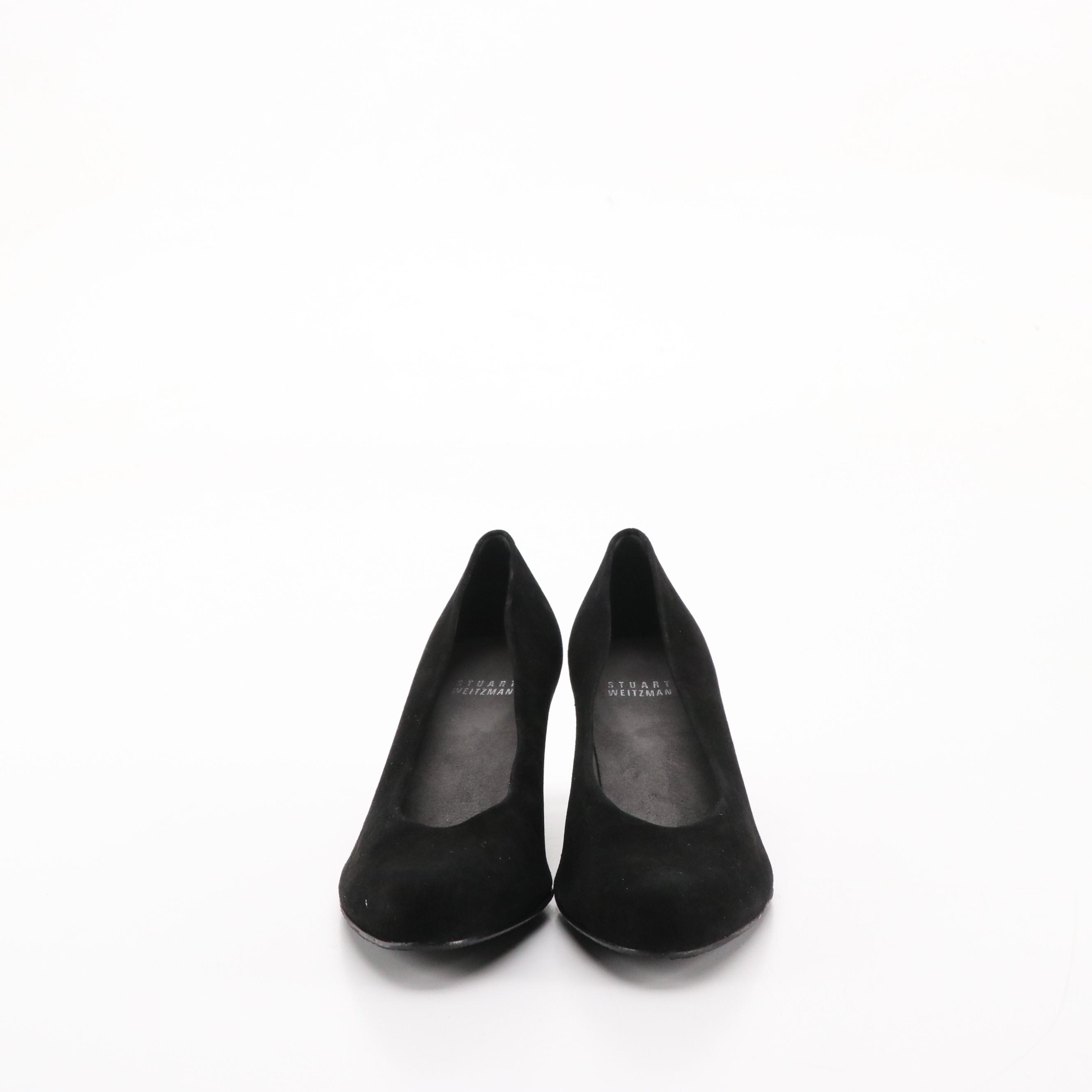 Stuart Weitzman Black Suede "Chicpump," Silver Matte Lamé "Brace" Heels in Boxes