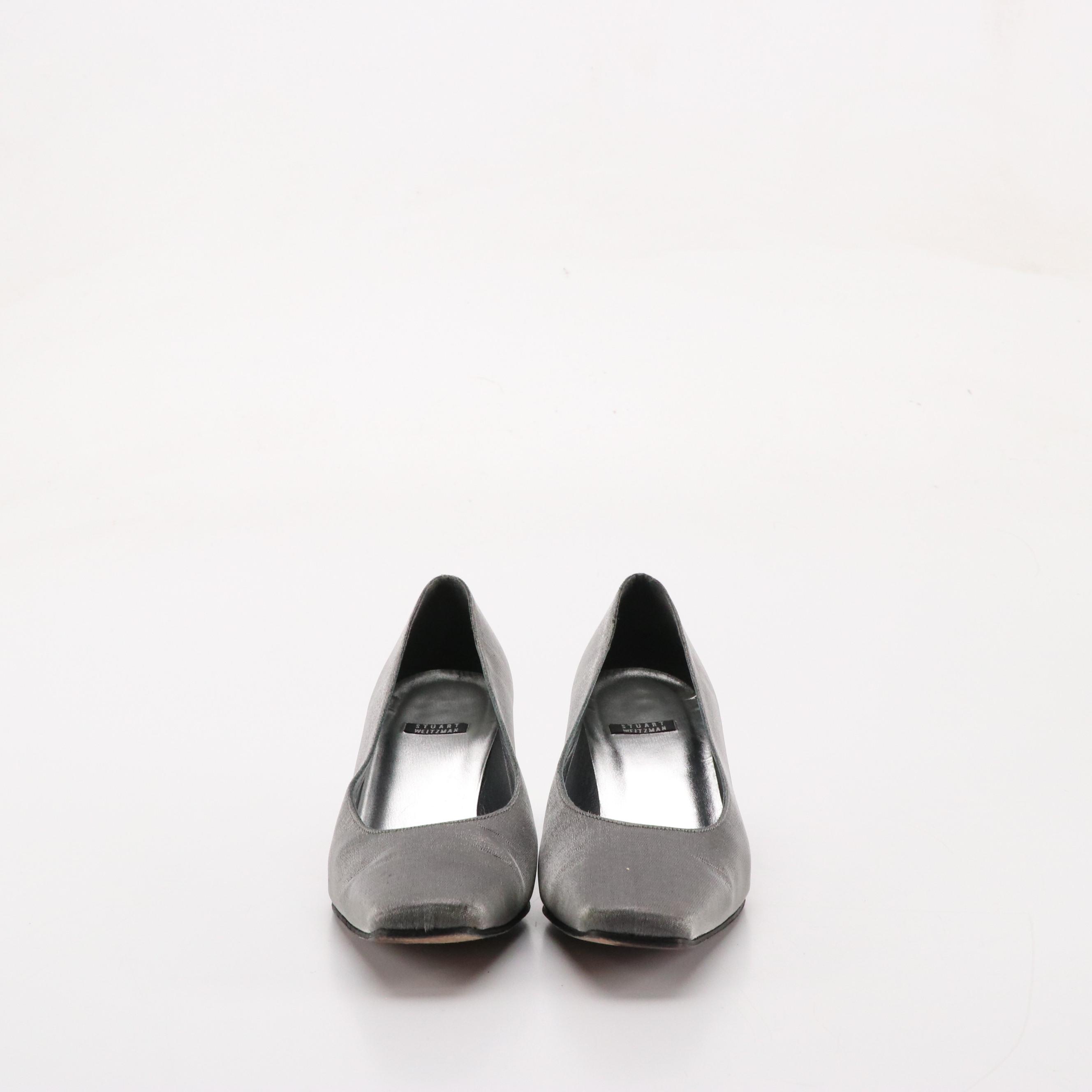 Stuart Weitzman Black Suede "Chicpump," Silver Matte Lamé "Brace" Heels in Boxes