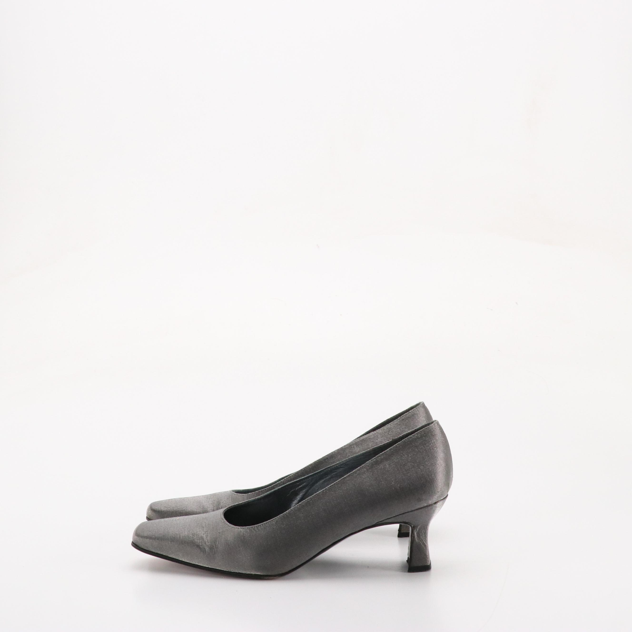 Stuart Weitzman Black Suede "Chicpump," Silver Matte Lamé "Brace" Heels in Boxes