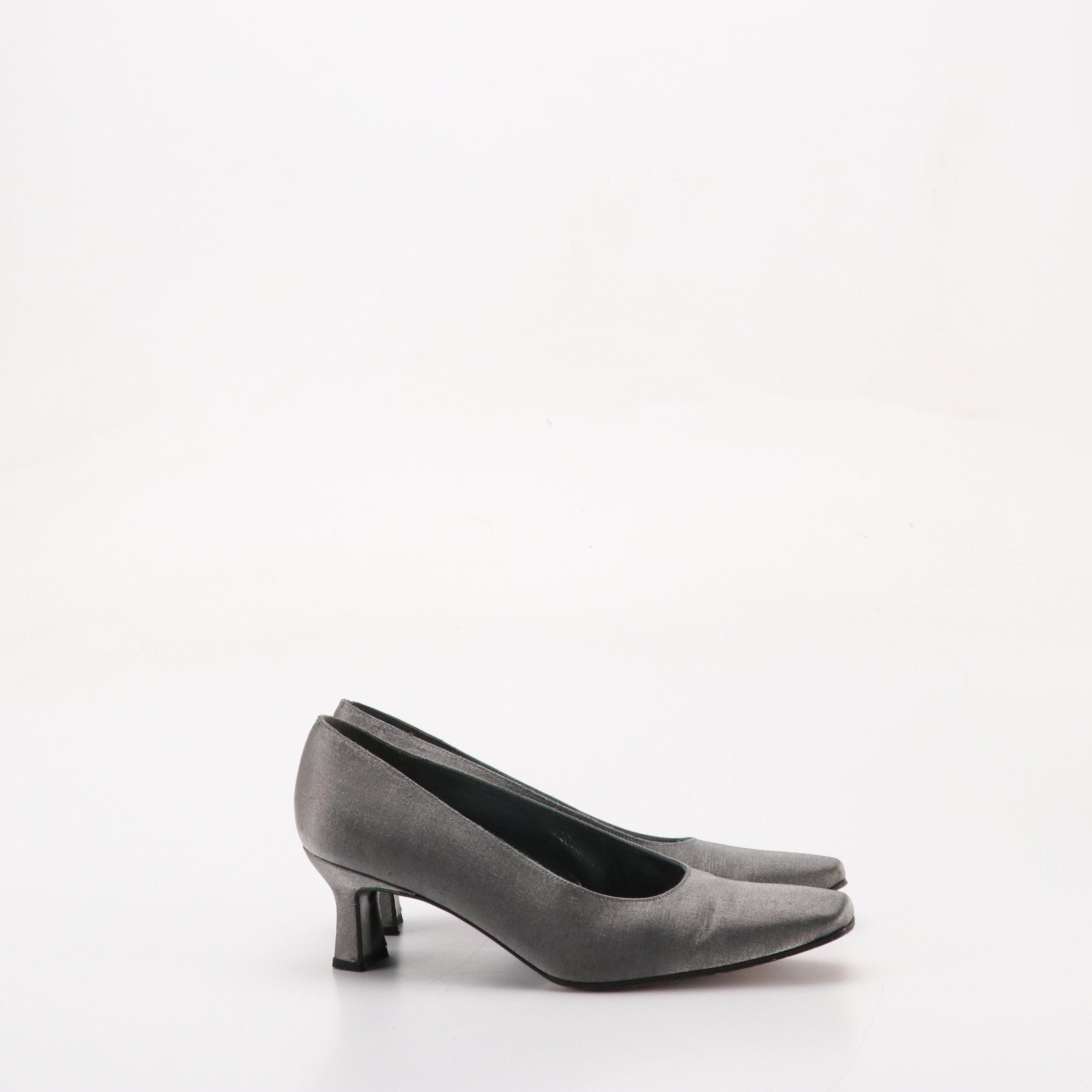 Stuart Weitzman Black Suede "Chicpump," Silver Matte Lamé "Brace" Heels in Boxes