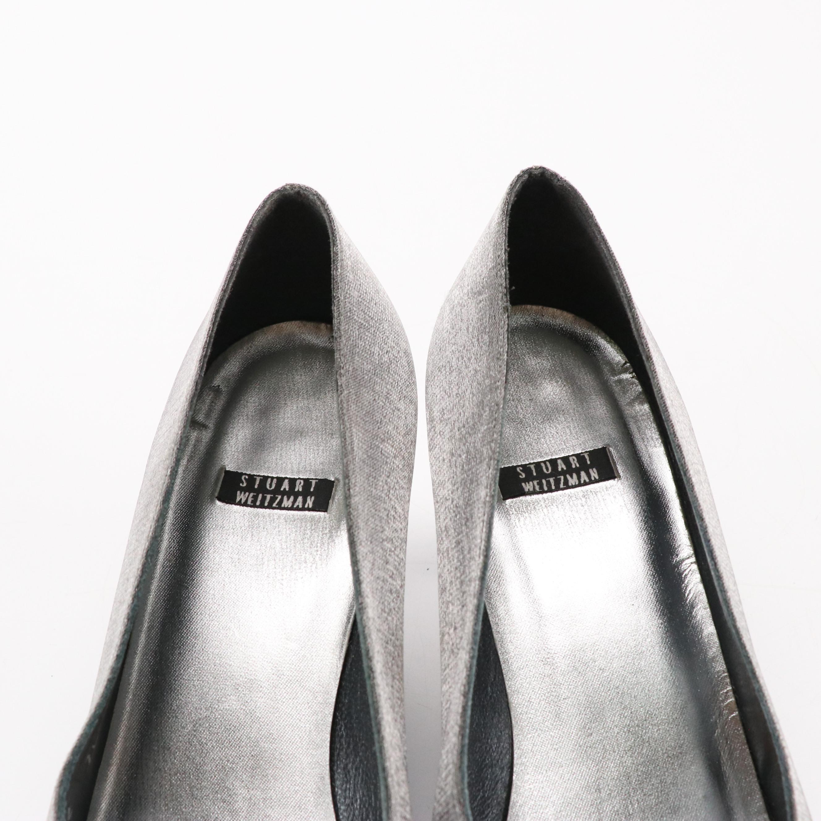 Stuart Weitzman Black Suede "Chicpump," Silver Matte Lamé "Brace" Heels in Boxes