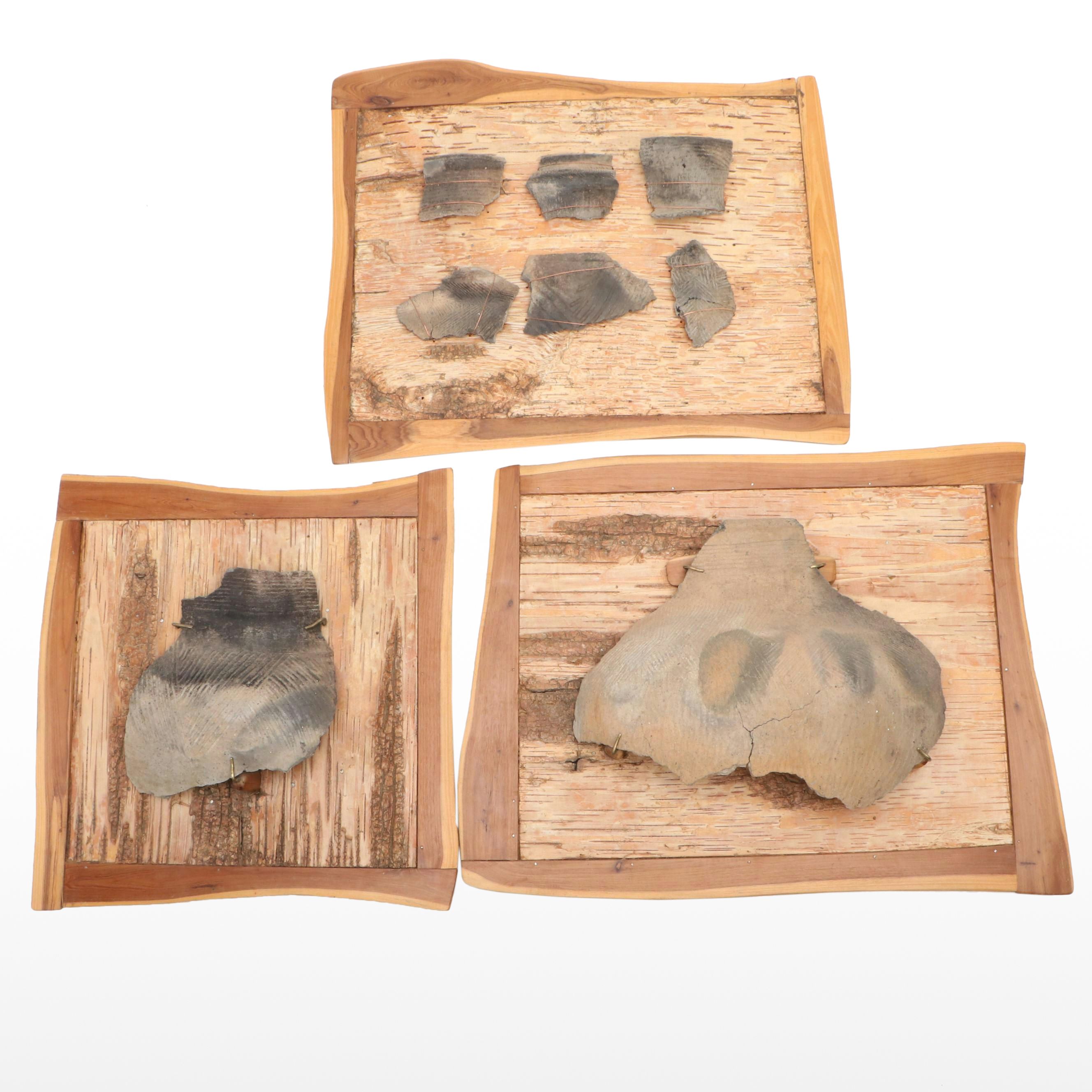 Mounted Fort Ancient Style Cord-Marked and Incised Pottery Fragments