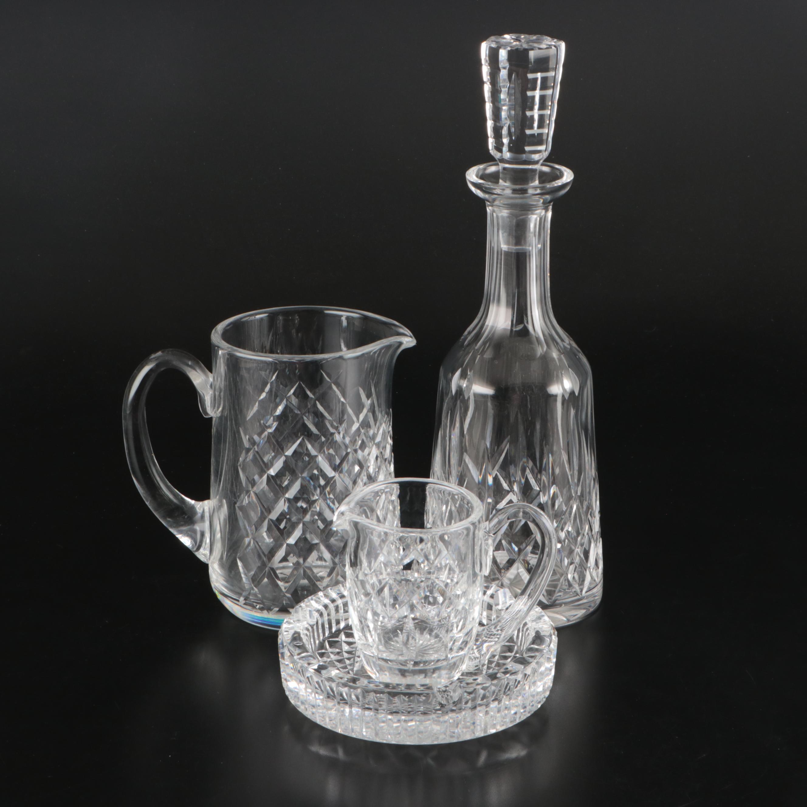 Waterford Crystal Decanter and Pitcher with Other Crystal Creamer and Ashtray