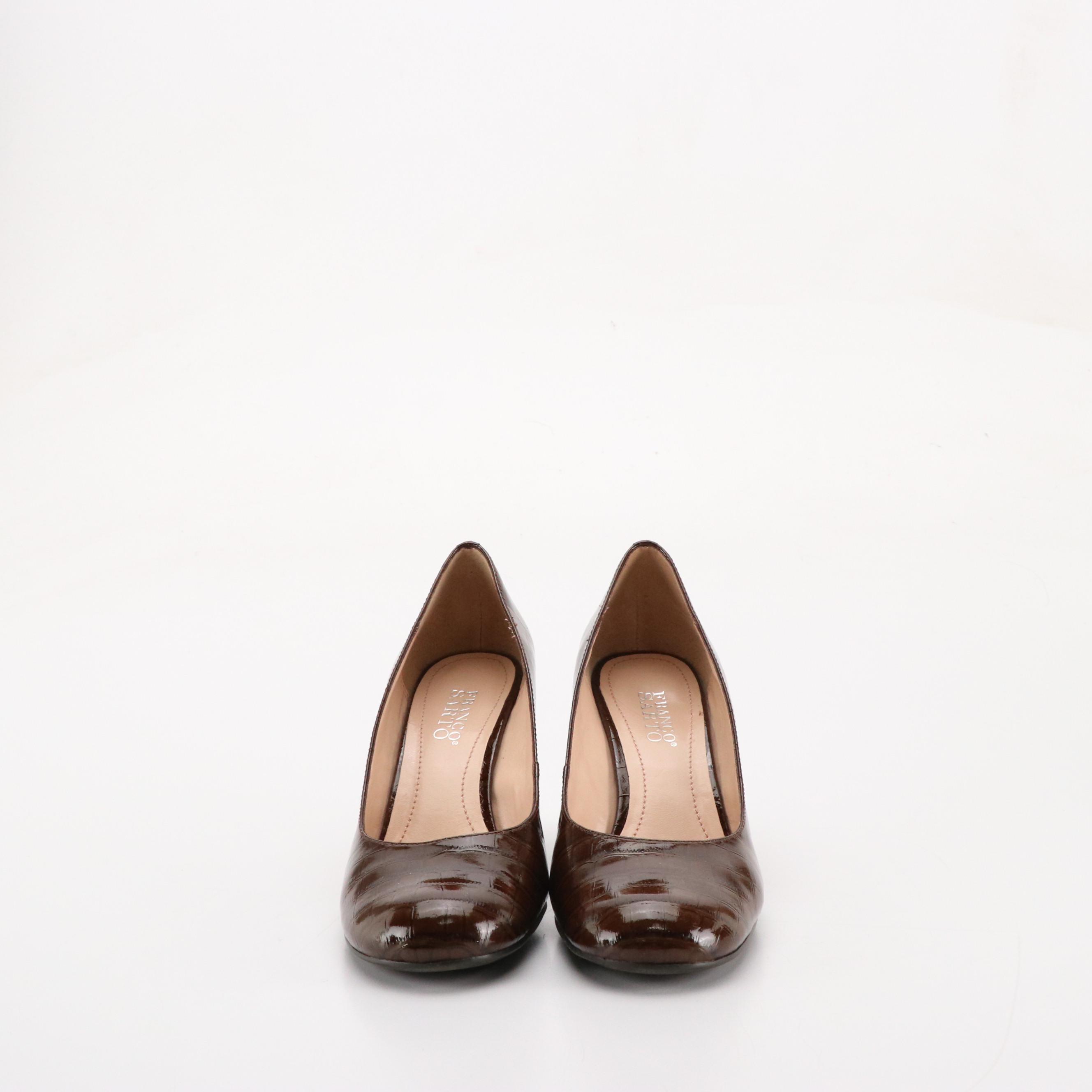 Franco Sarto Black Leather Bow Pumps, Patent Croc Embossed Wedges, With Boxes