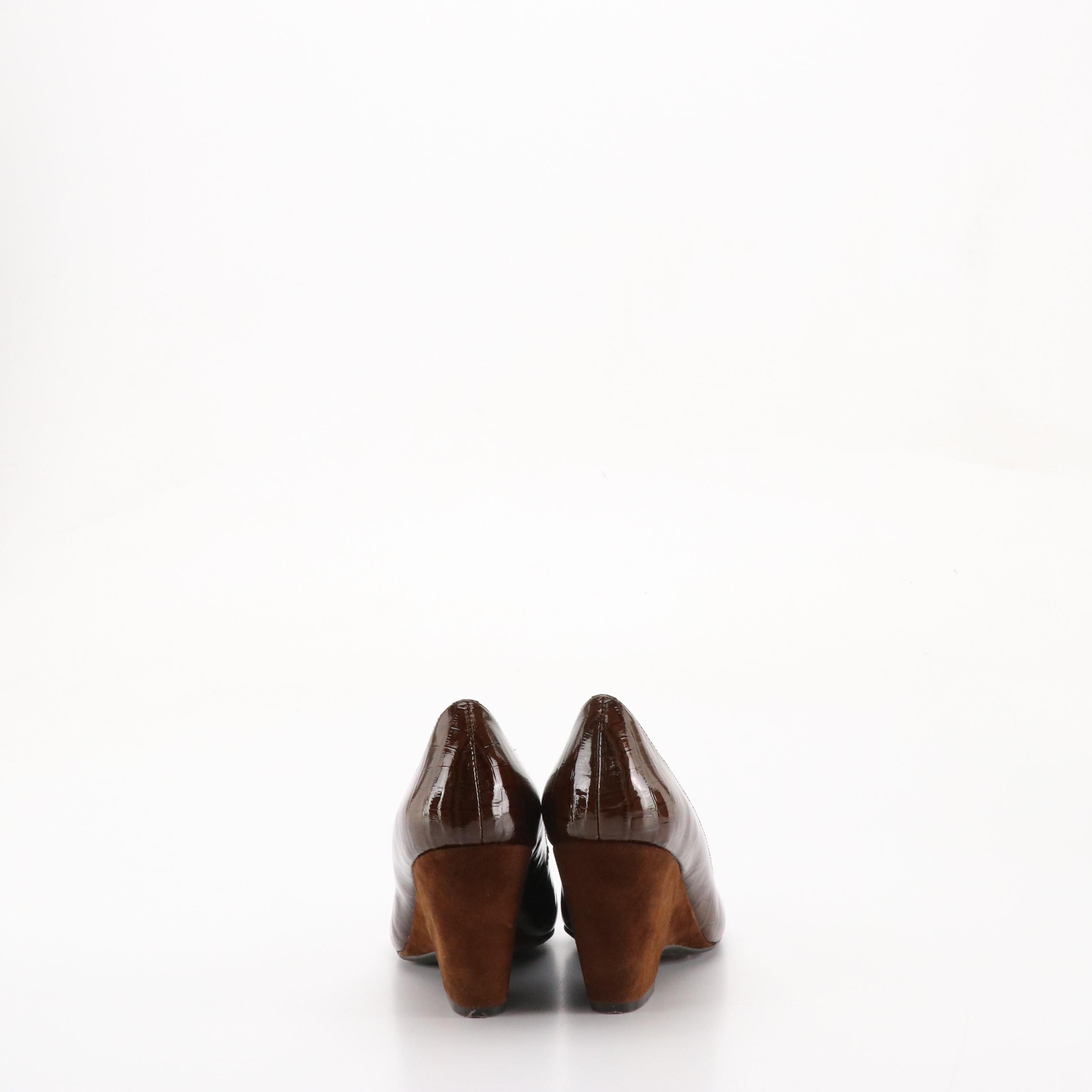 Franco Sarto Black Leather Bow Pumps, Patent Croc Embossed Wedges, With Boxes