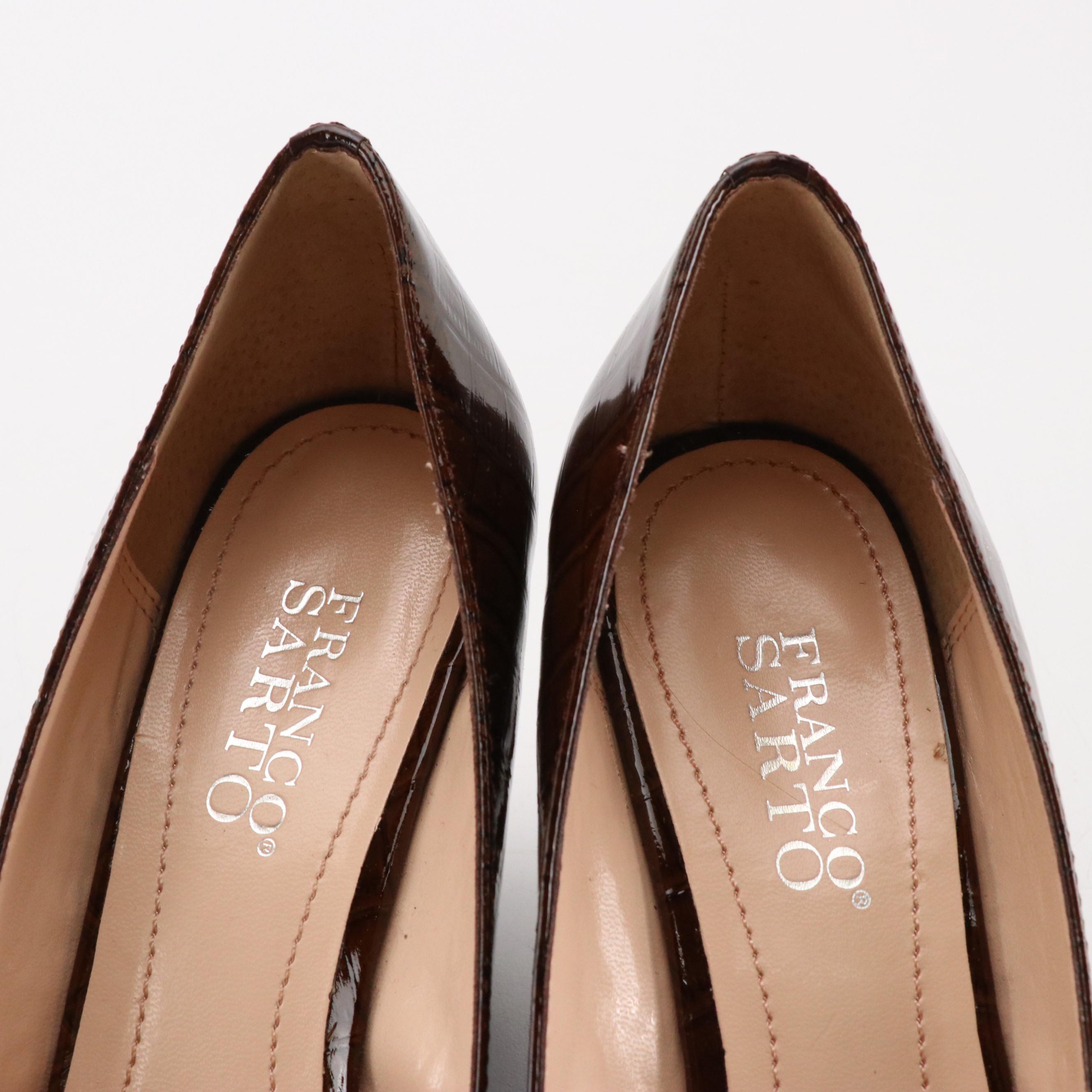 Franco Sarto Black Leather Bow Pumps, Patent Croc Embossed Wedges, With Boxes