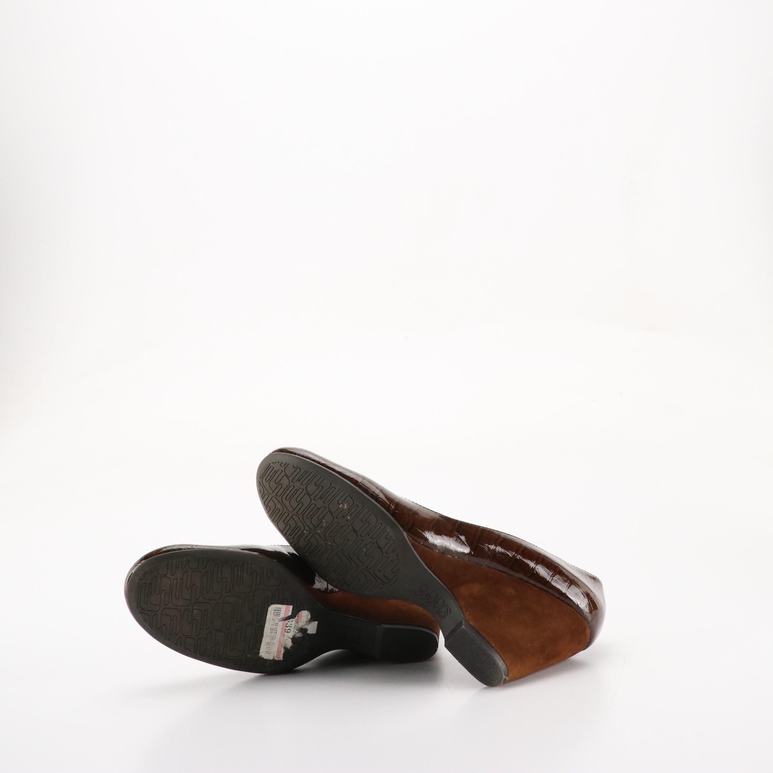 Franco Sarto Black Leather Bow Pumps, Patent Croc Embossed Wedges, With Boxes