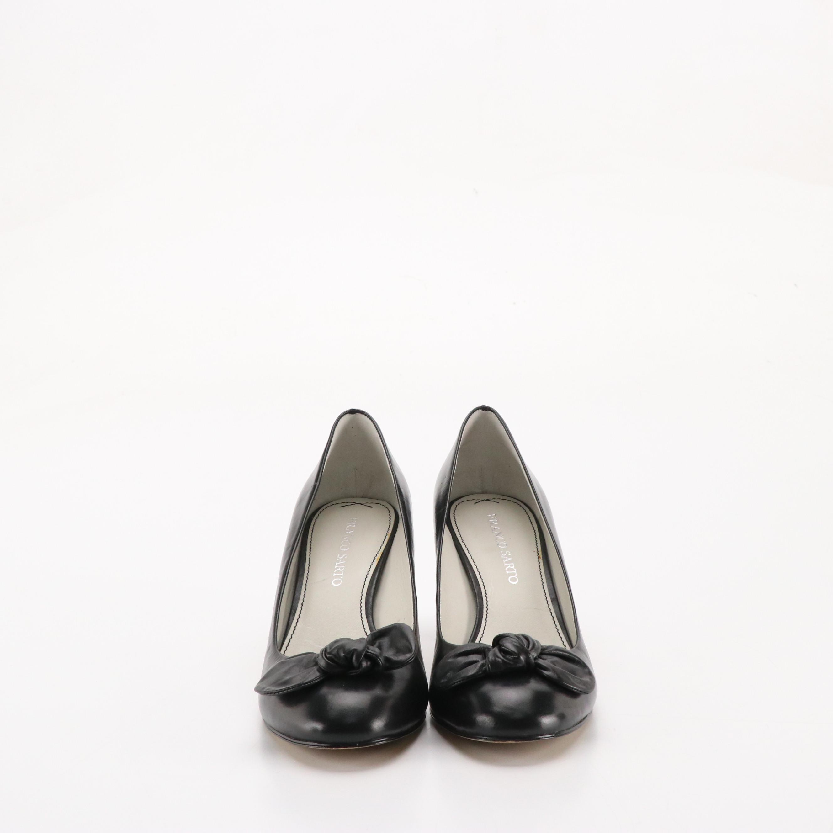 Franco Sarto Black Leather Bow Pumps, Patent Croc Embossed Wedges, With Boxes