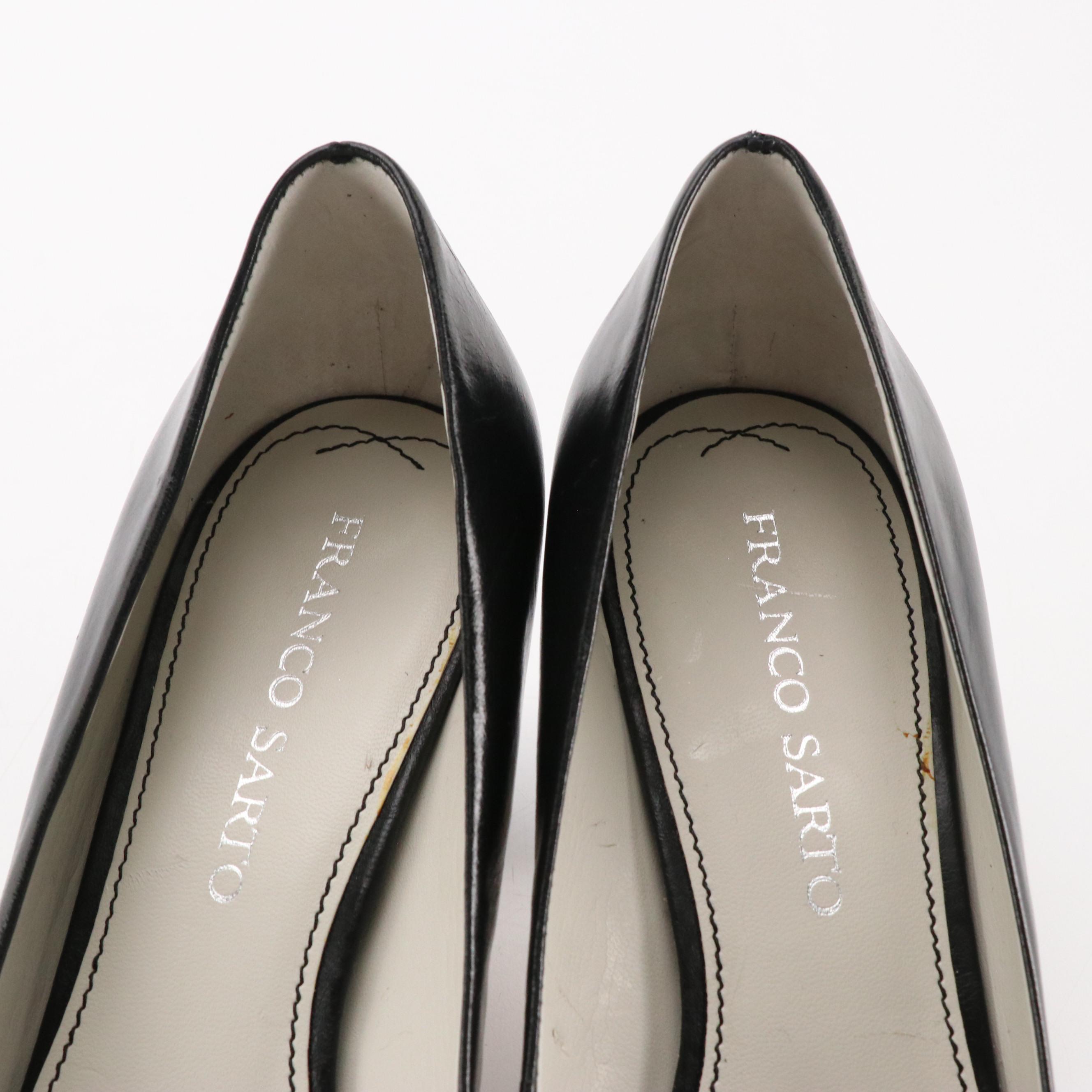 Franco Sarto Black Leather Bow Pumps, Patent Croc Embossed Wedges, With Boxes