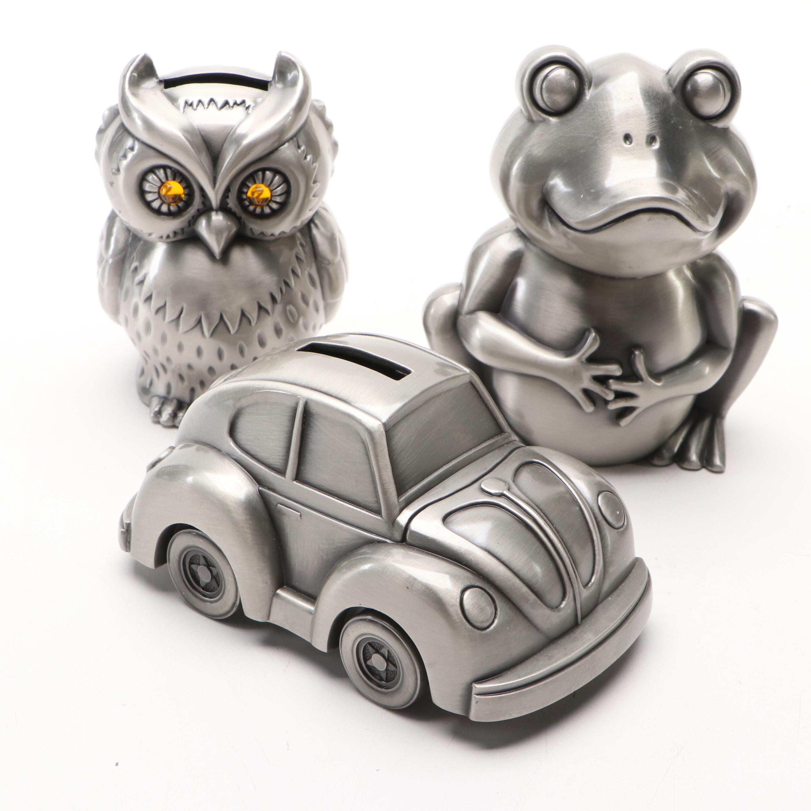 Brushed Metal Frog, Car and Owl Banks