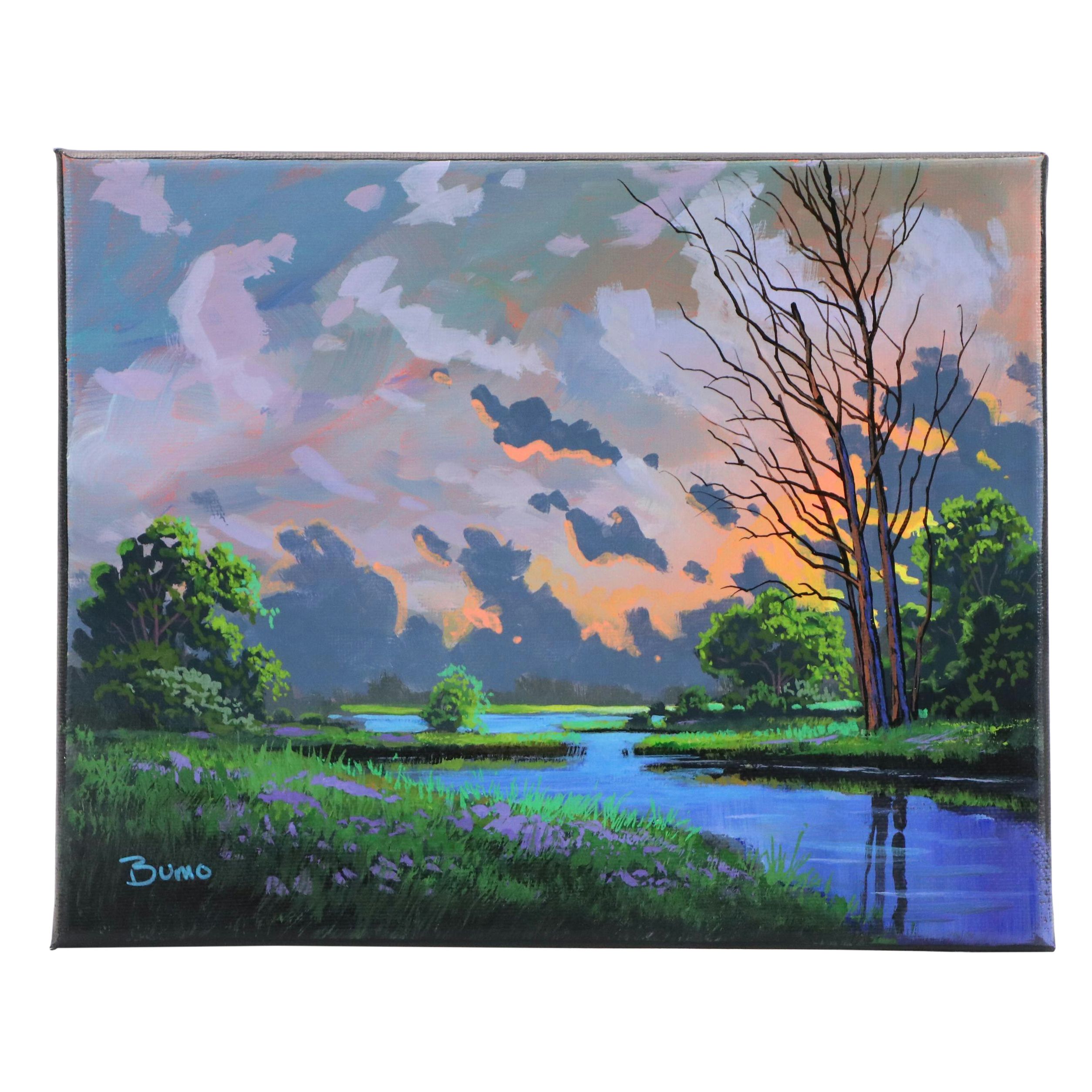 Doug "Bumo" Johnpeer Sunset Landscape Oil Painting "Evening Creek," 2025