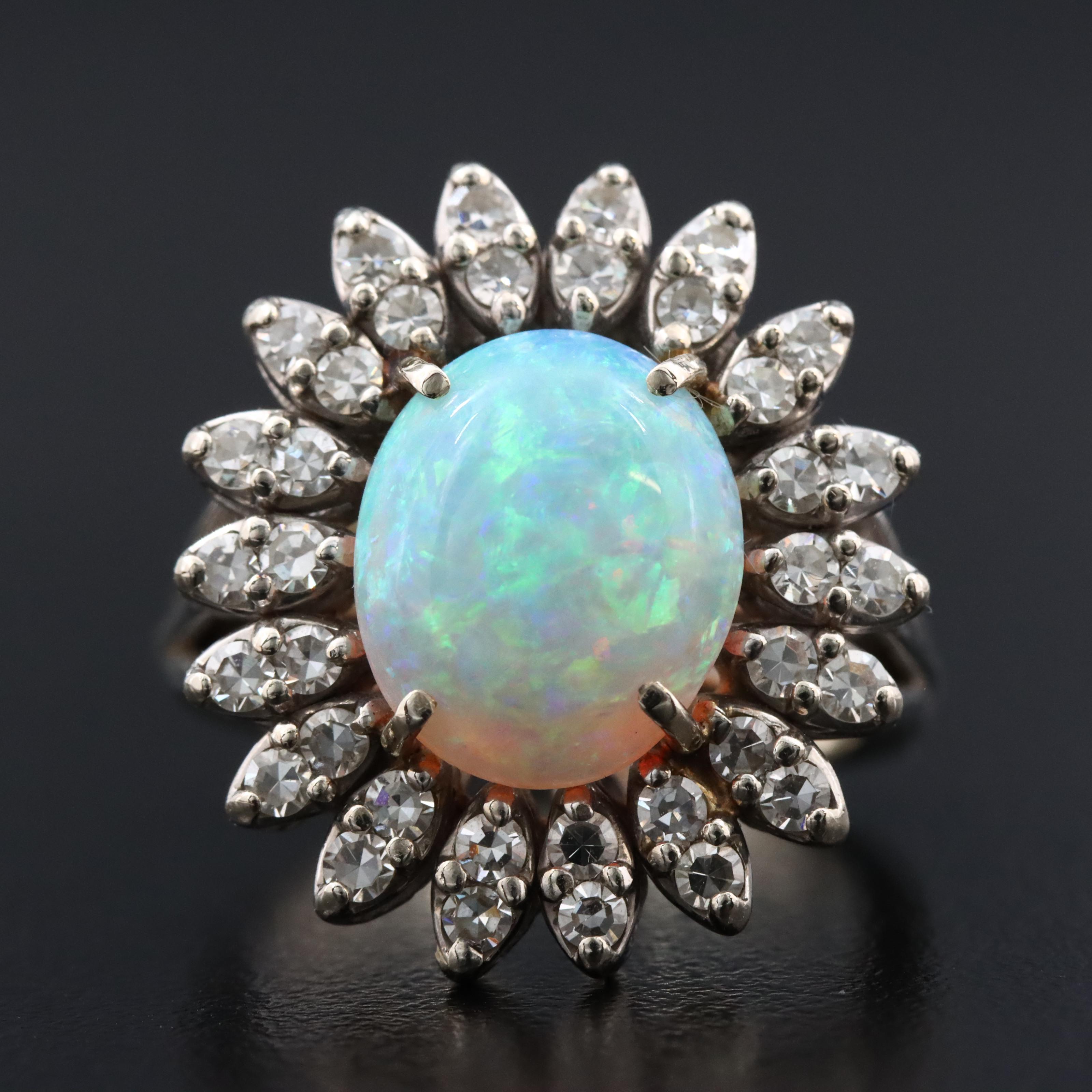 14K Opal and Diamond Floral Ring