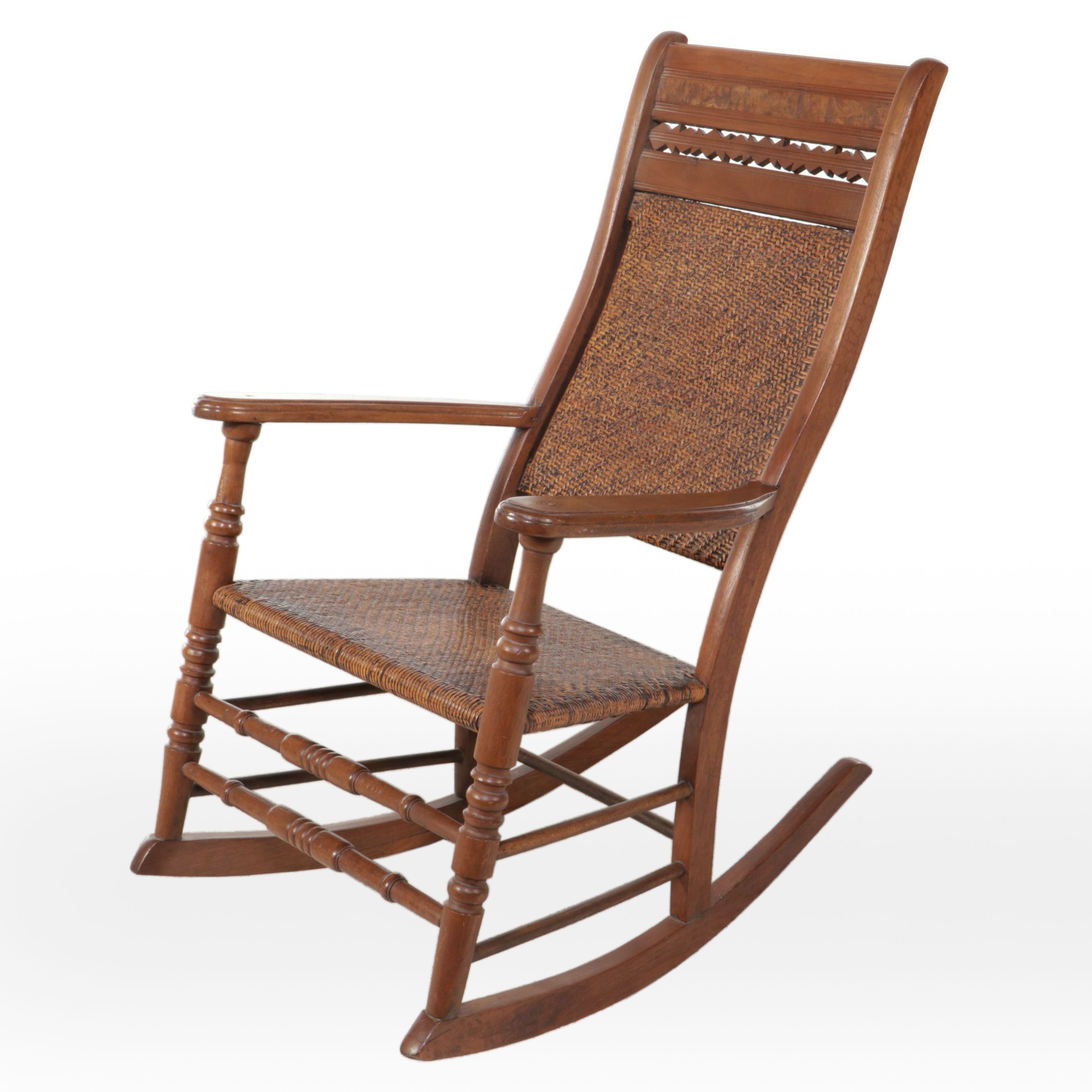 Victorian East Lake Rattan and Carved Walnut Rocking Chair