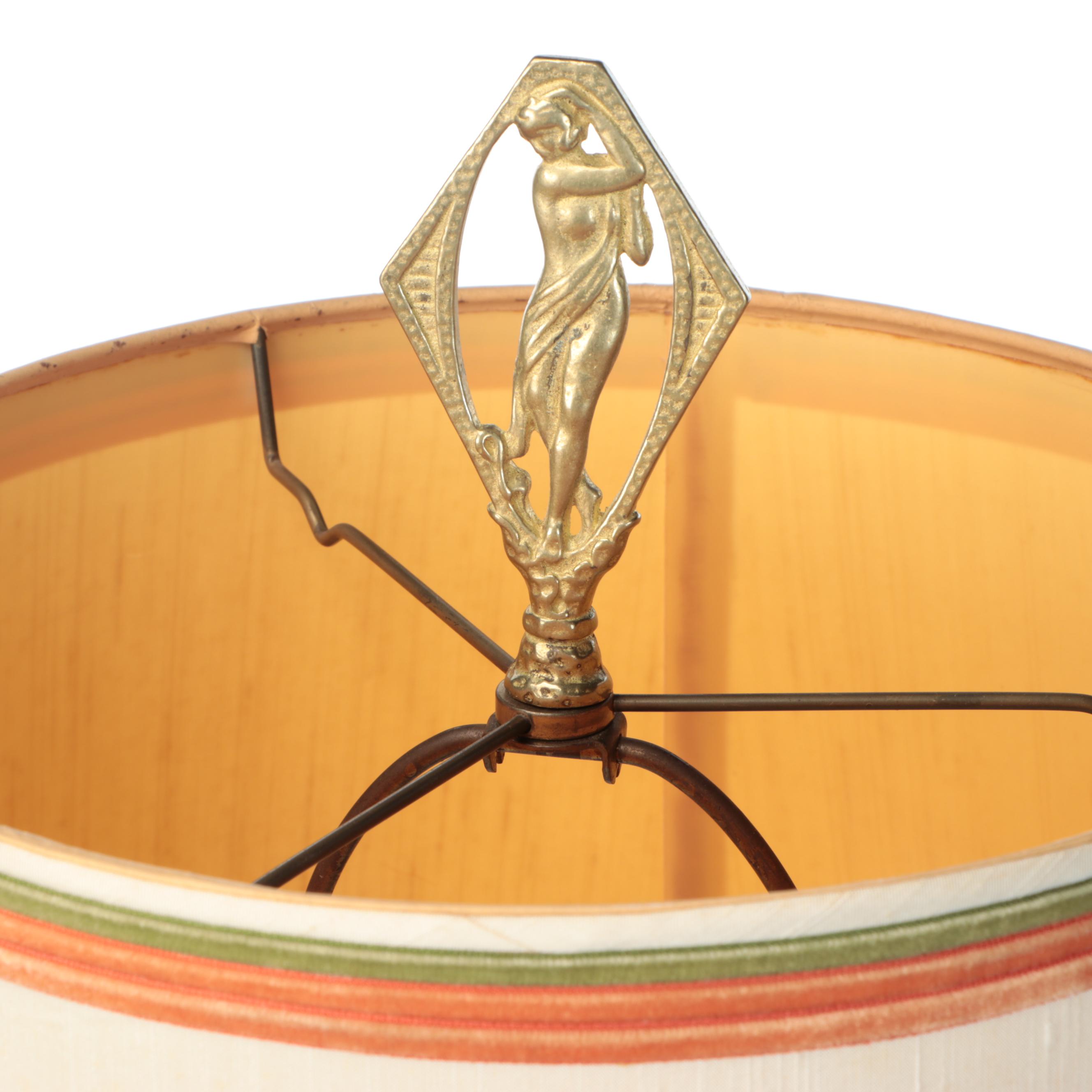 Brass Floor Lamp with Art Nouveau Style Finial and Drum Shade