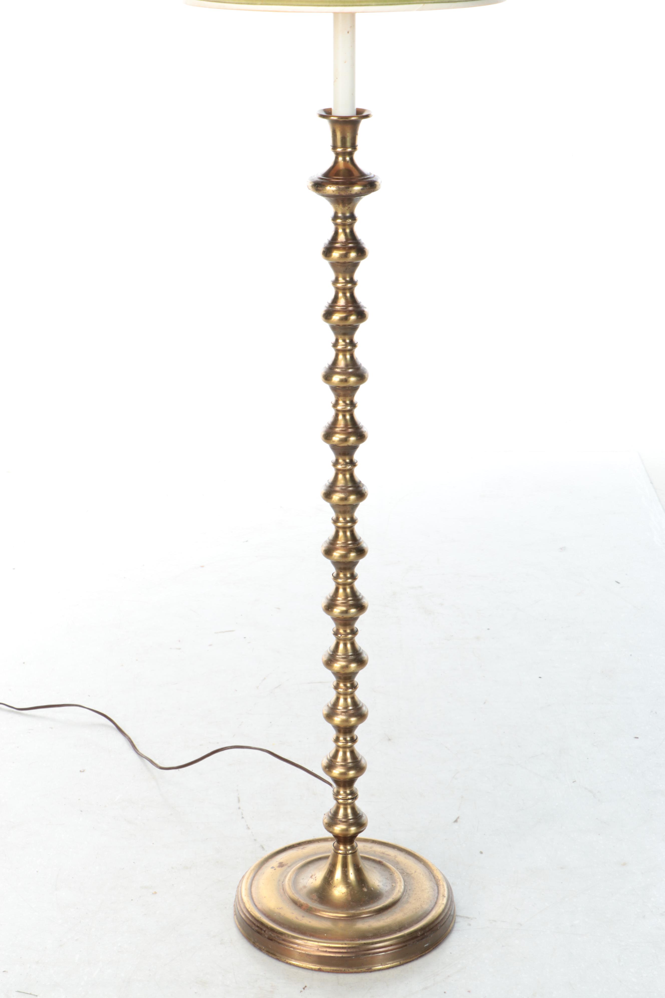 Brass Floor Lamp with Art Nouveau Style Finial and Drum Shade