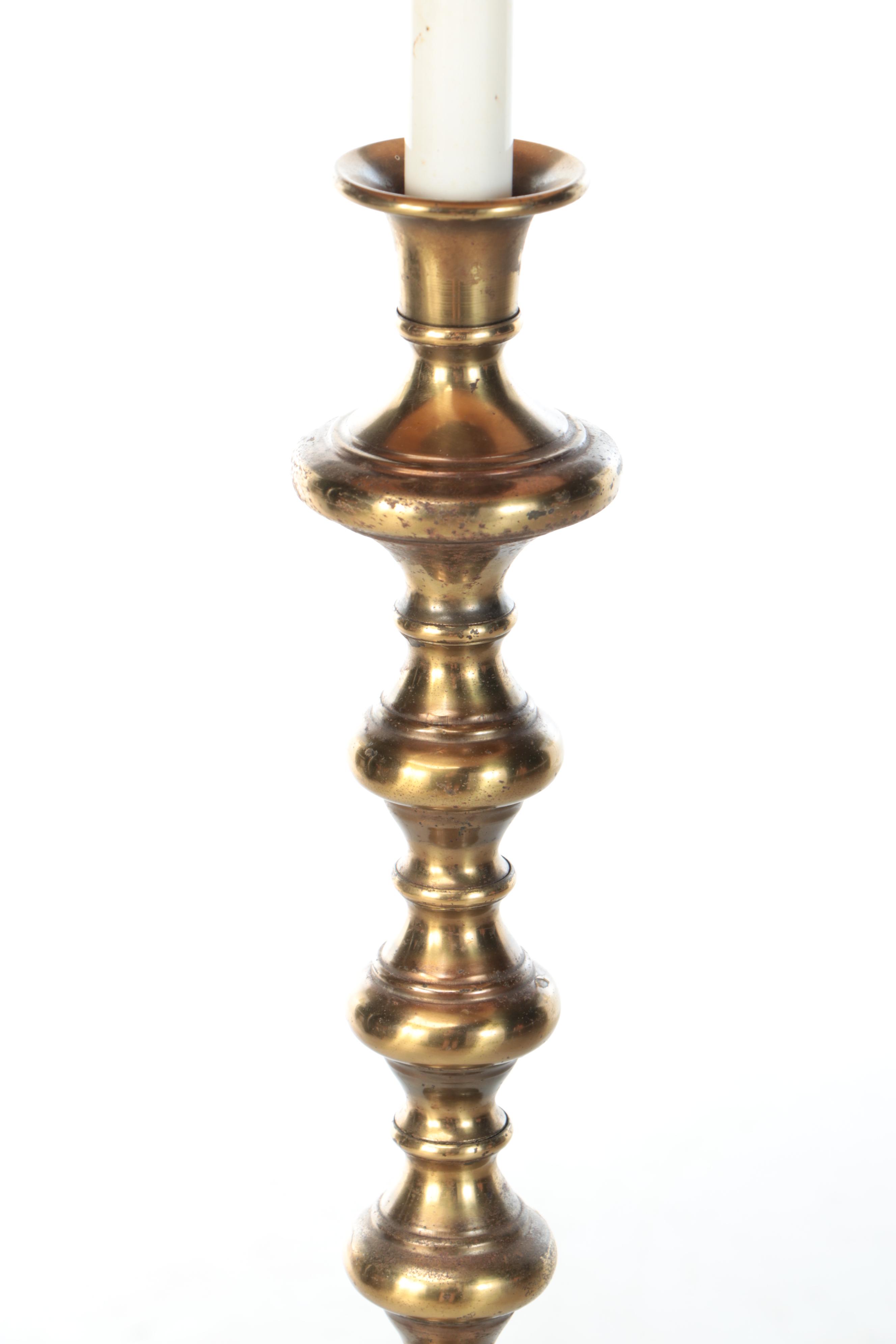 Brass Floor Lamp with Art Nouveau Style Finial and Drum Shade