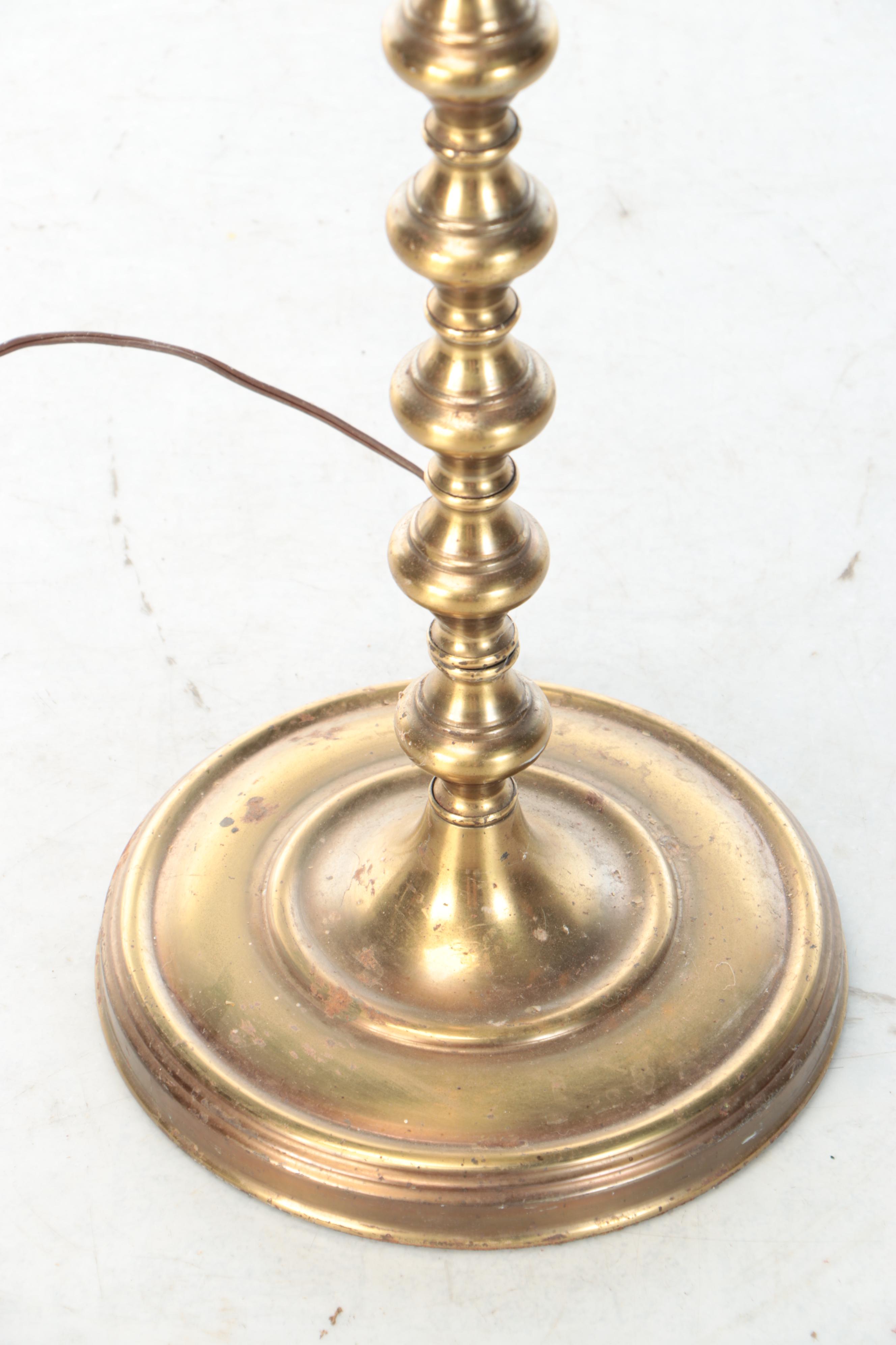 Brass Floor Lamp with Art Nouveau Style Finial and Drum Shade