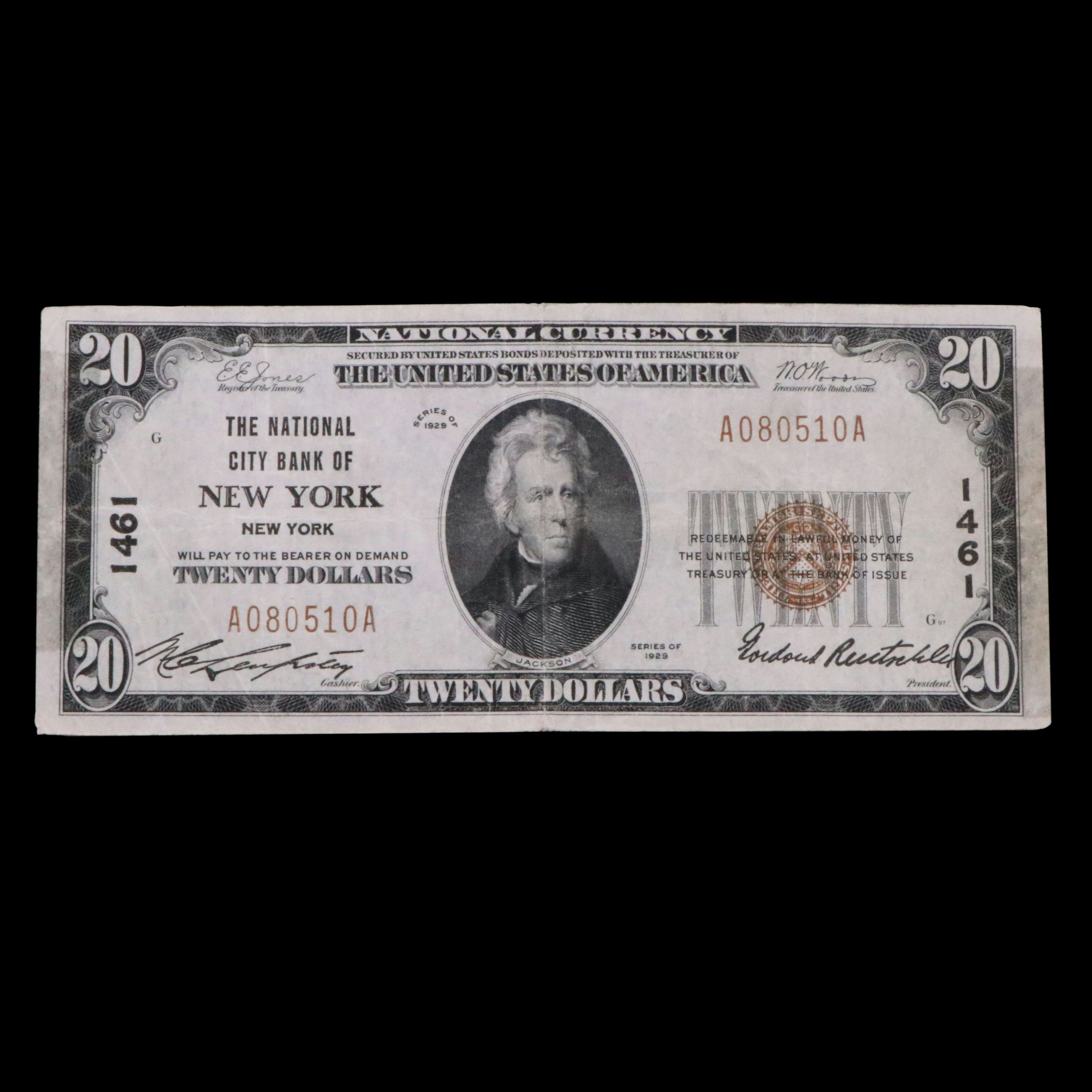 1929 Twenty Dollar National Bank Note From the National City Bank  of New York