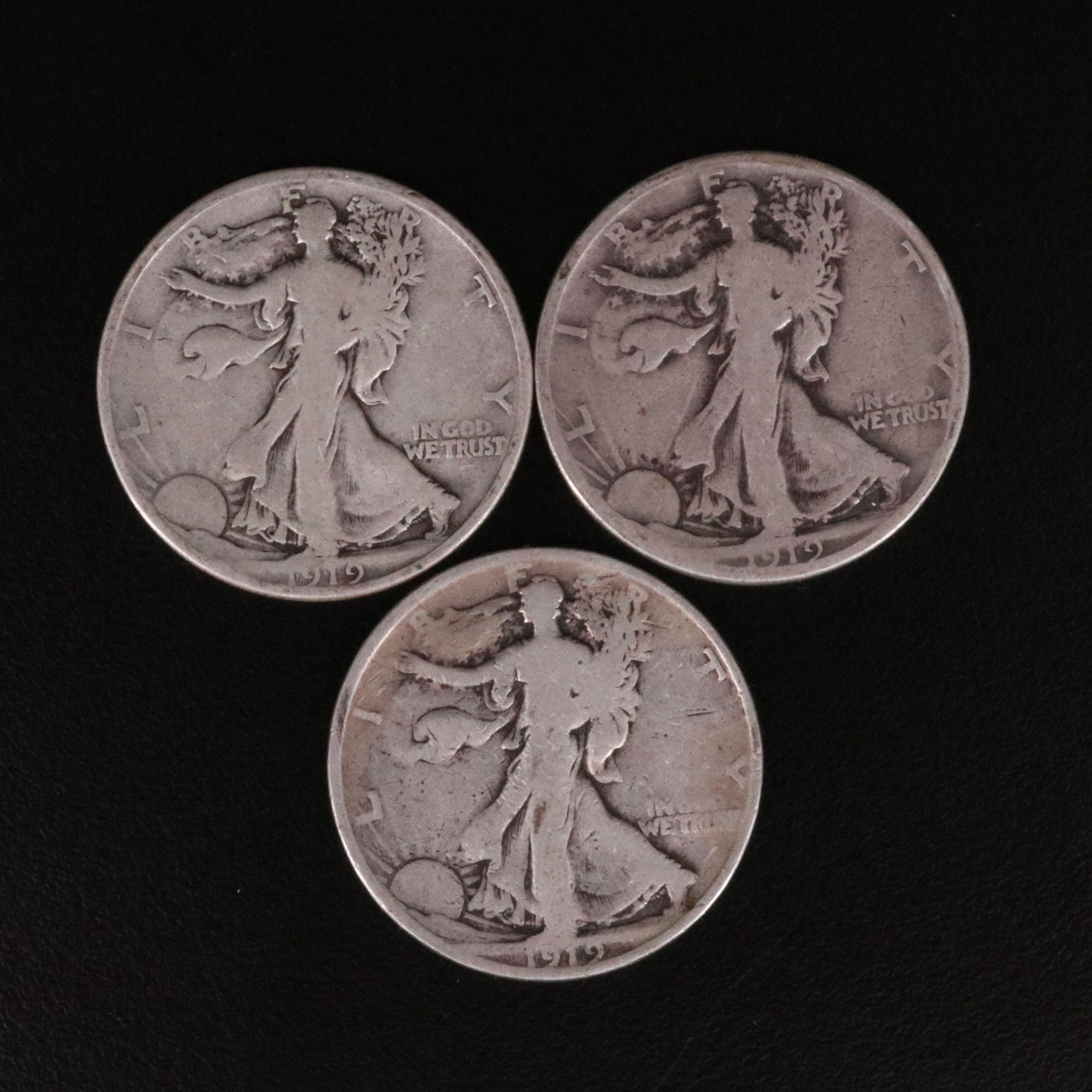 Three Different 1919 Walking Liberty Half Dollars