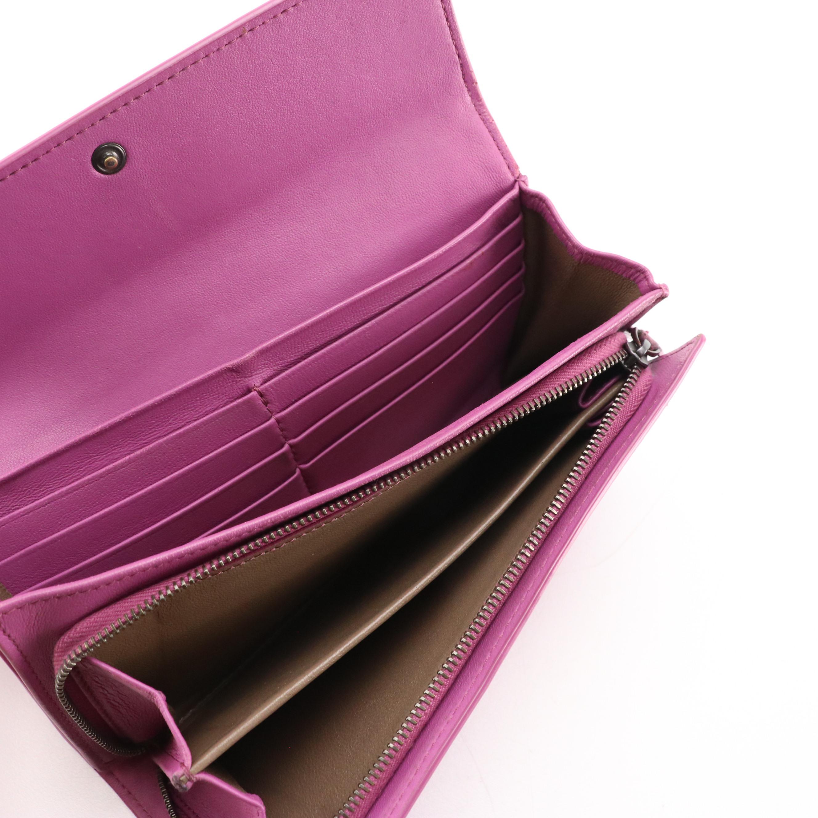 Bottega Veneta Front-Flap Long Wallet in Orchid Intrecciato Leather, With Box