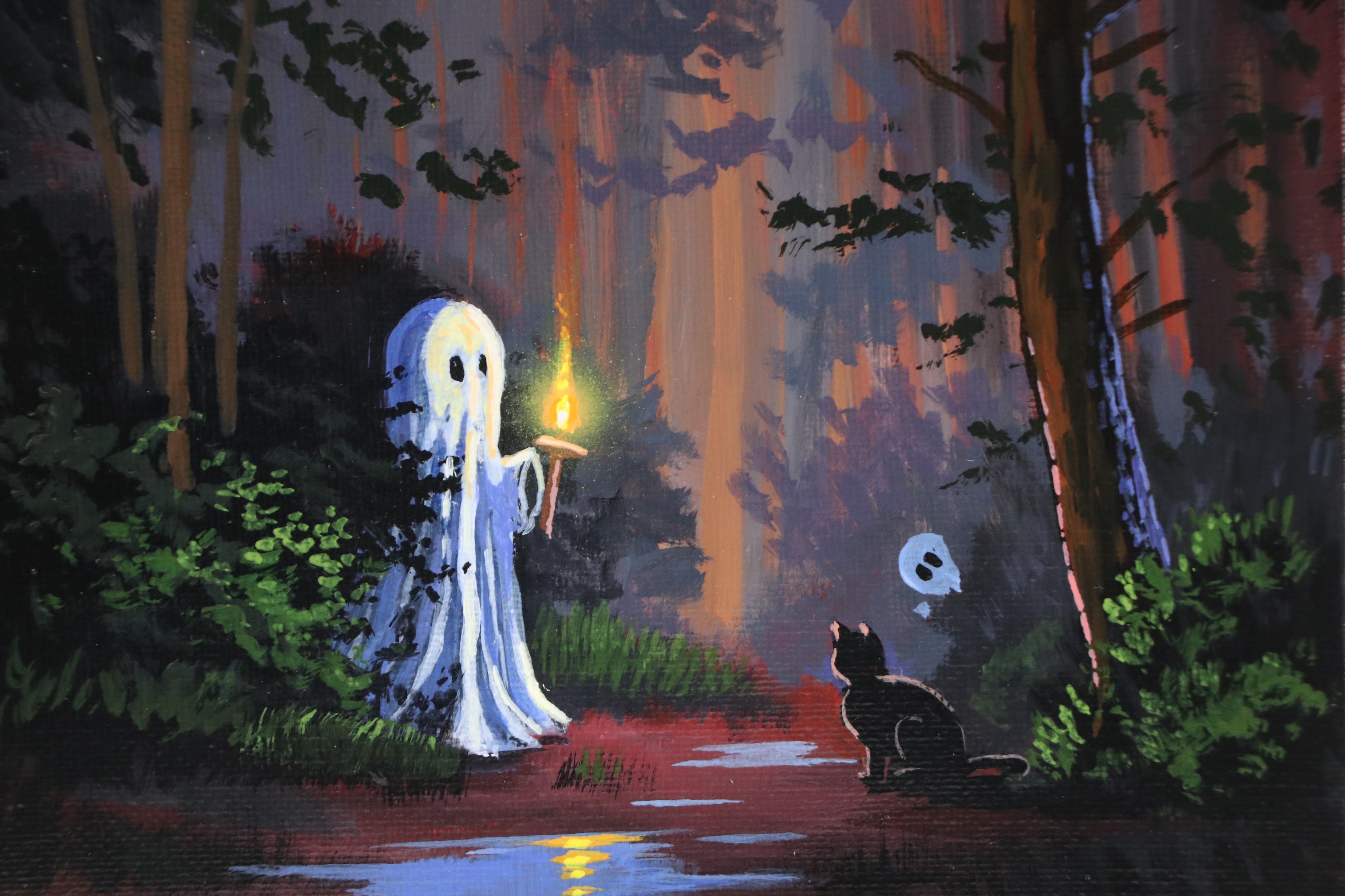 Doug "Bumo" Johnpeer Forest Landscape Oil Painting with Ghost "New Friends"