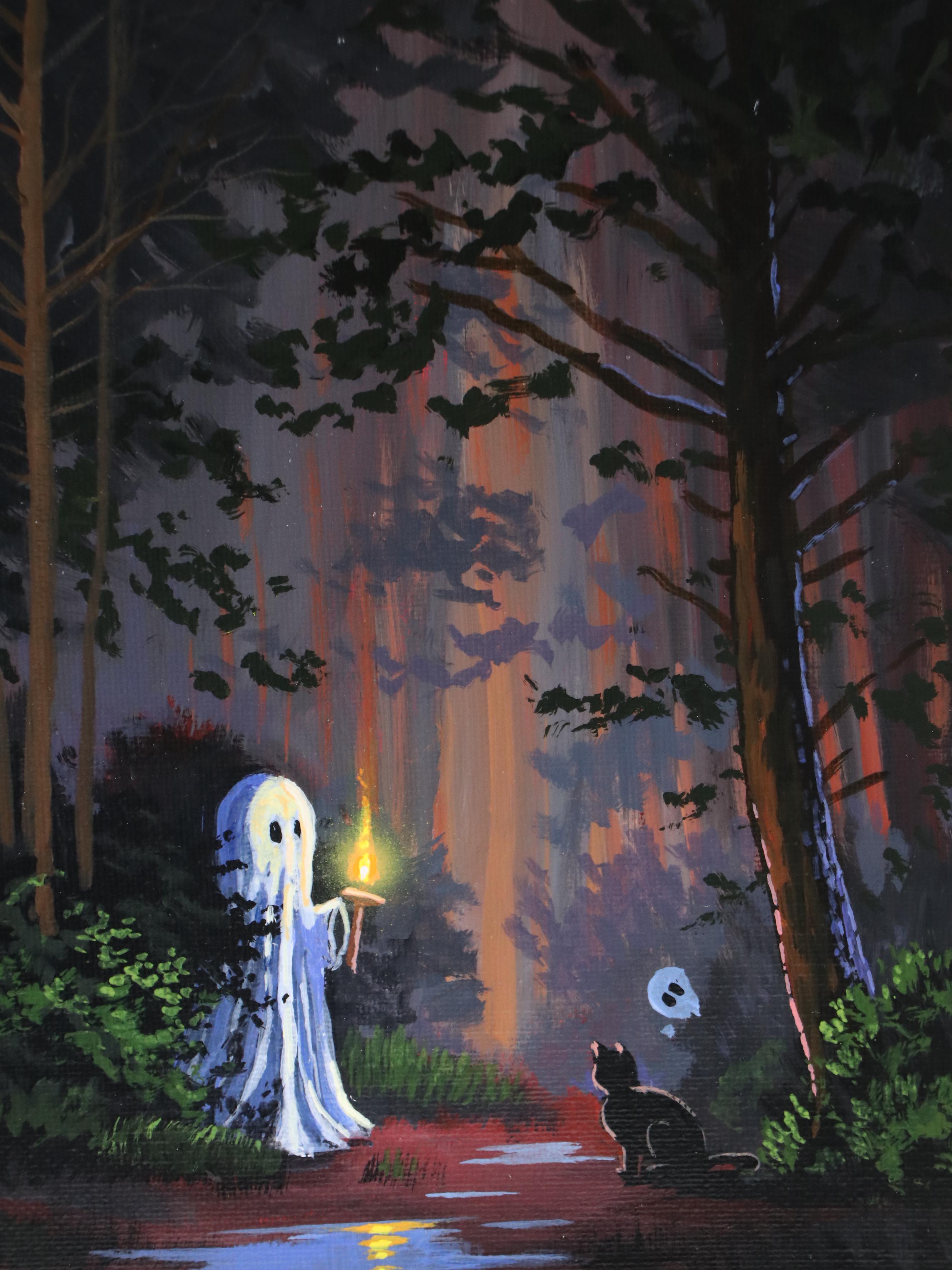 Doug "Bumo" Johnpeer Forest Landscape Oil Painting with Ghost "New Friends"