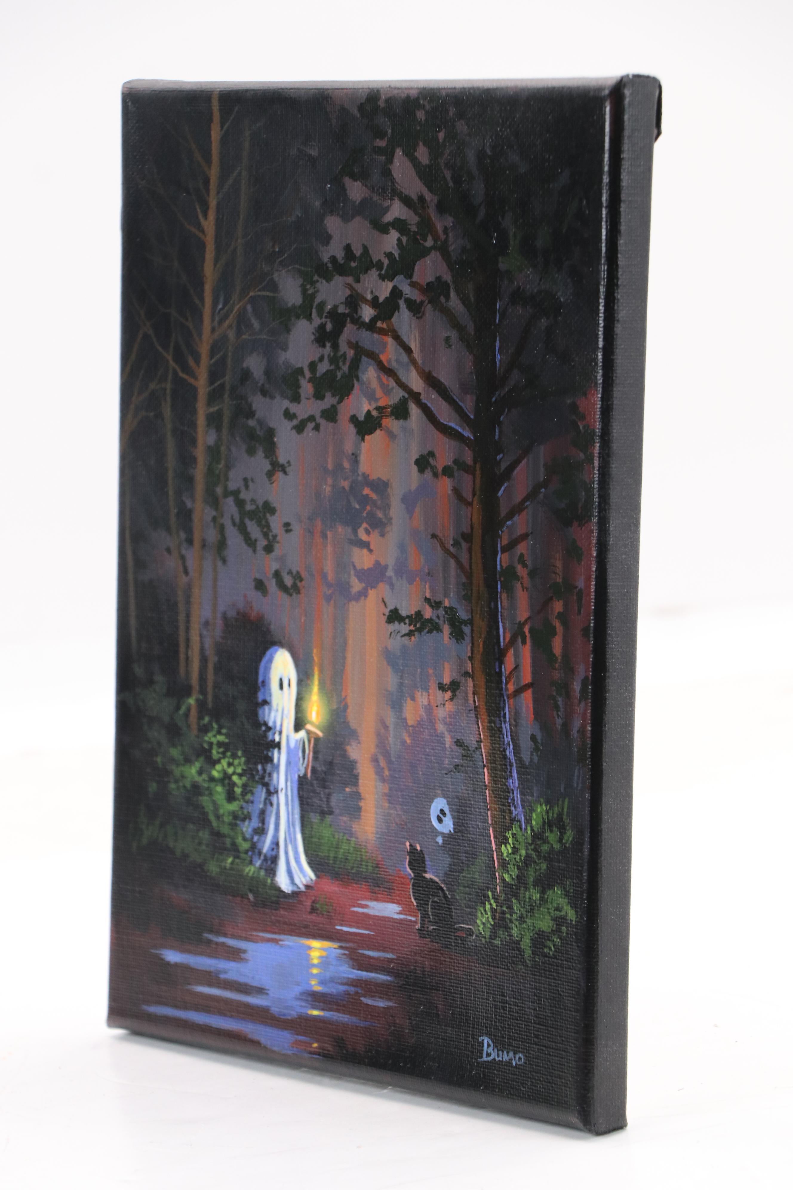 Doug "Bumo" Johnpeer Forest Landscape Oil Painting with Ghost "New Friends"