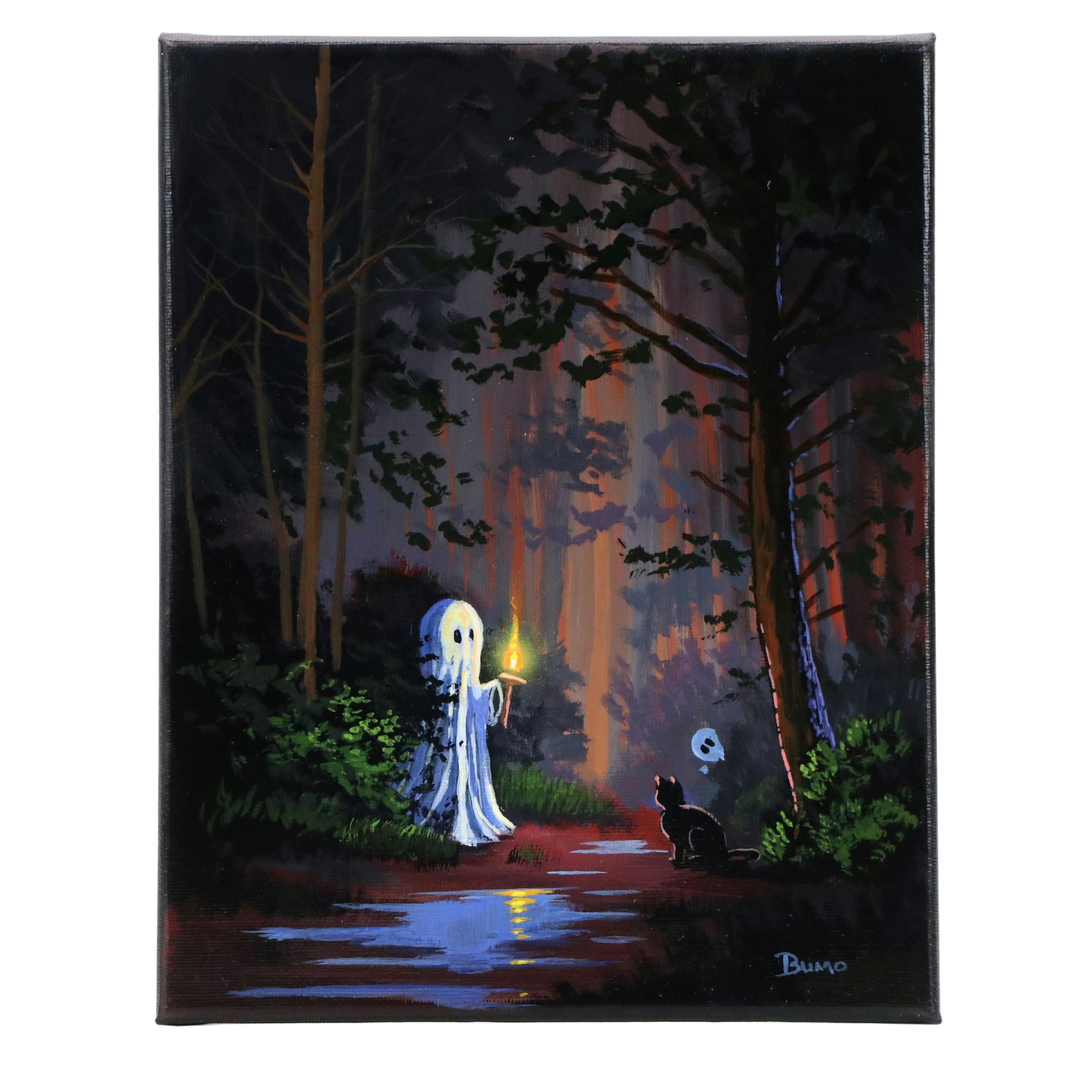 Doug "Bumo" Johnpeer Forest Landscape Oil Painting with Ghost "New Friends"