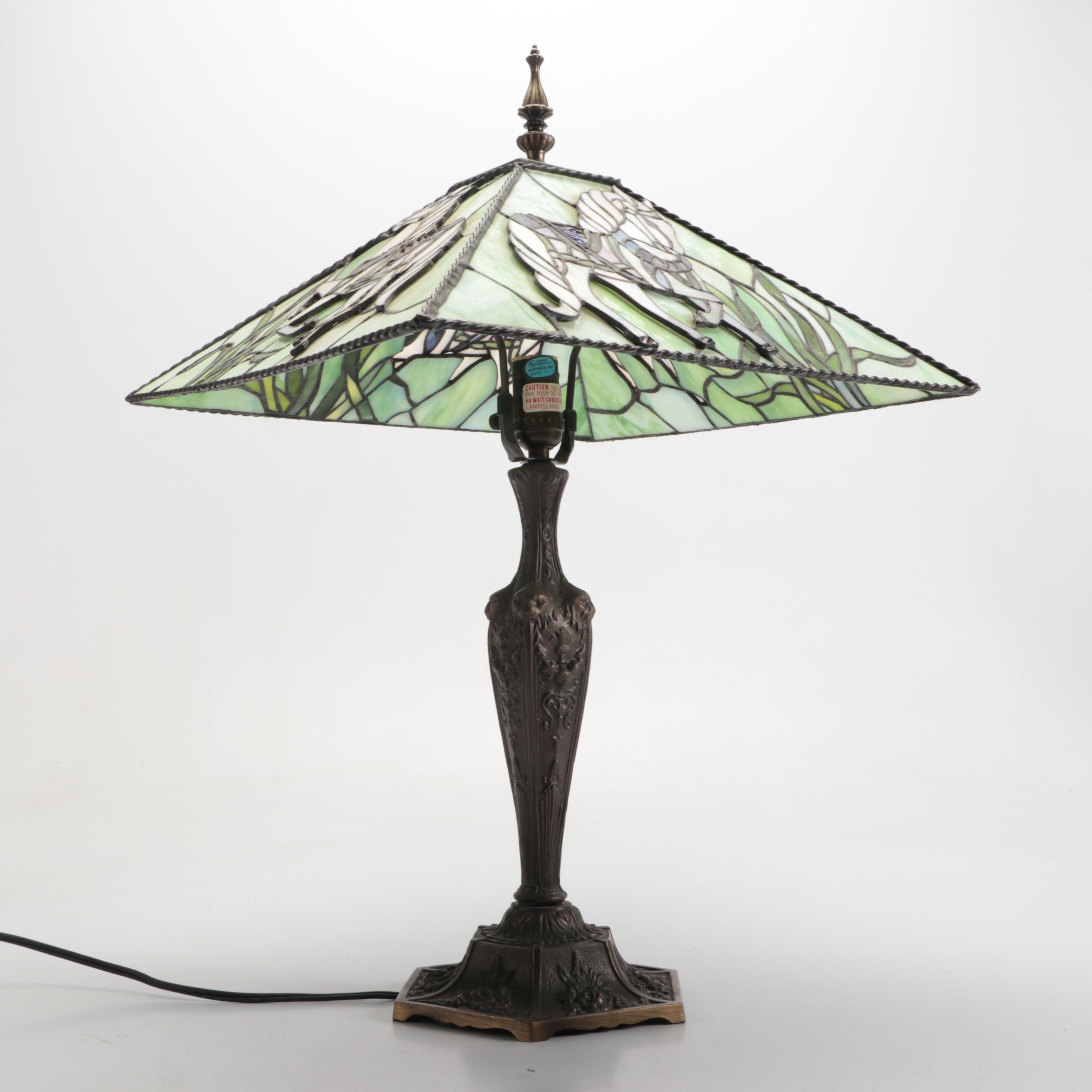 Empire Style Cast Metal Lamp with White Horse Slag Glass Shade