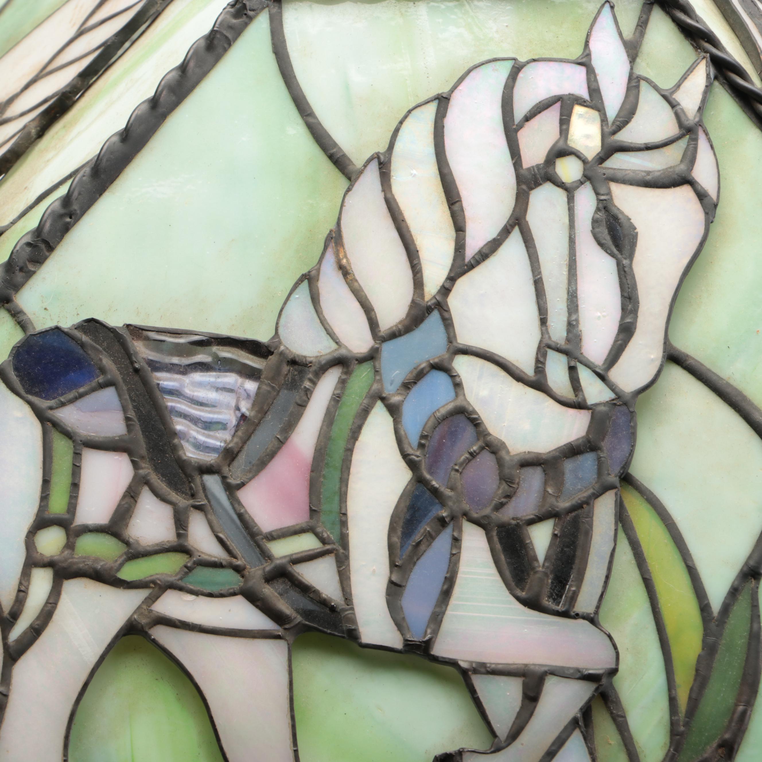 Empire Style Cast Metal Lamp with White Horse Slag Glass Shade