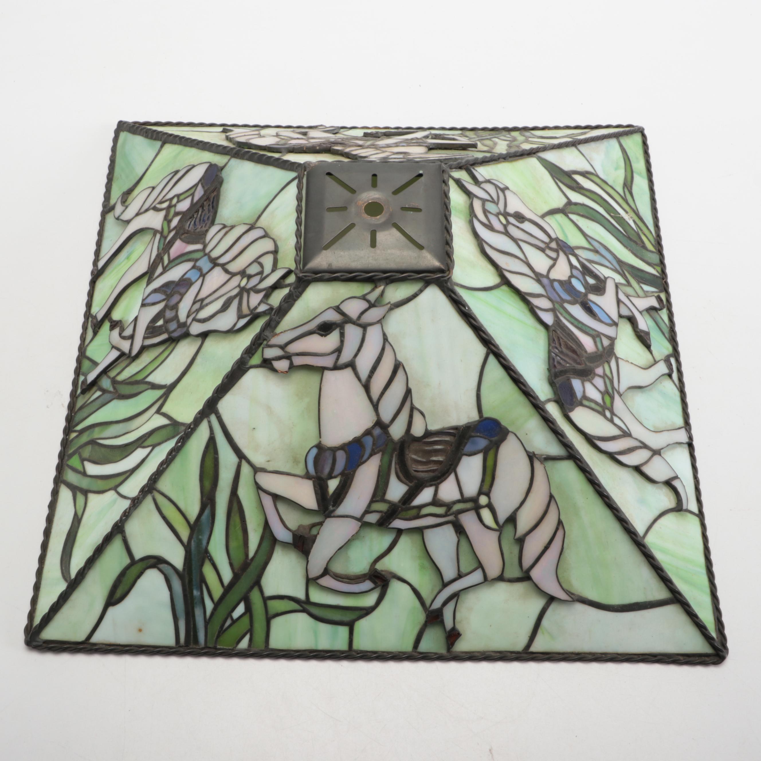 Empire Style Cast Metal Lamp with White Horse Slag Glass Shade