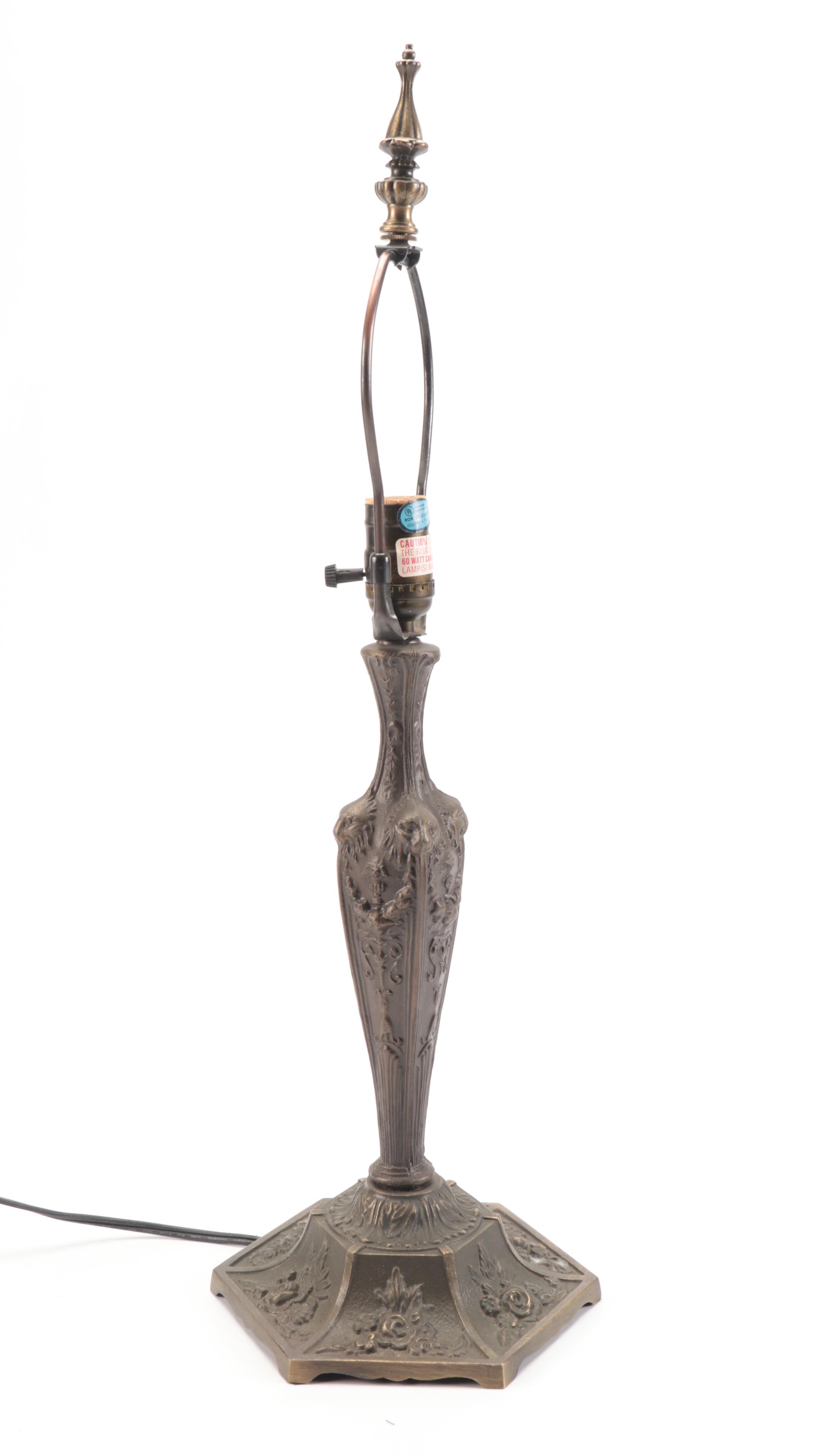 Empire Style Cast Metal Lamp with White Horse Slag Glass Shade