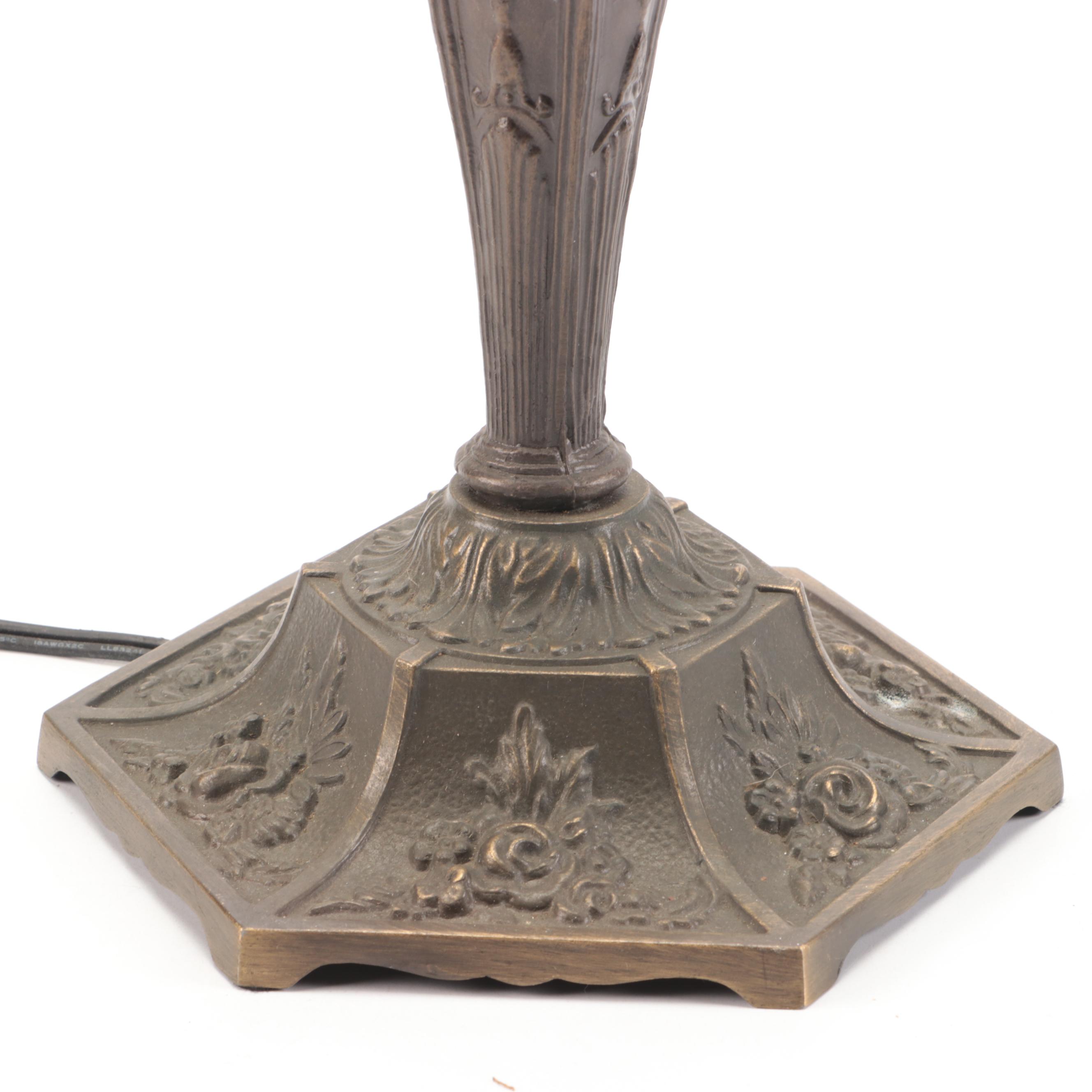 Empire Style Cast Metal Lamp with White Horse Slag Glass Shade