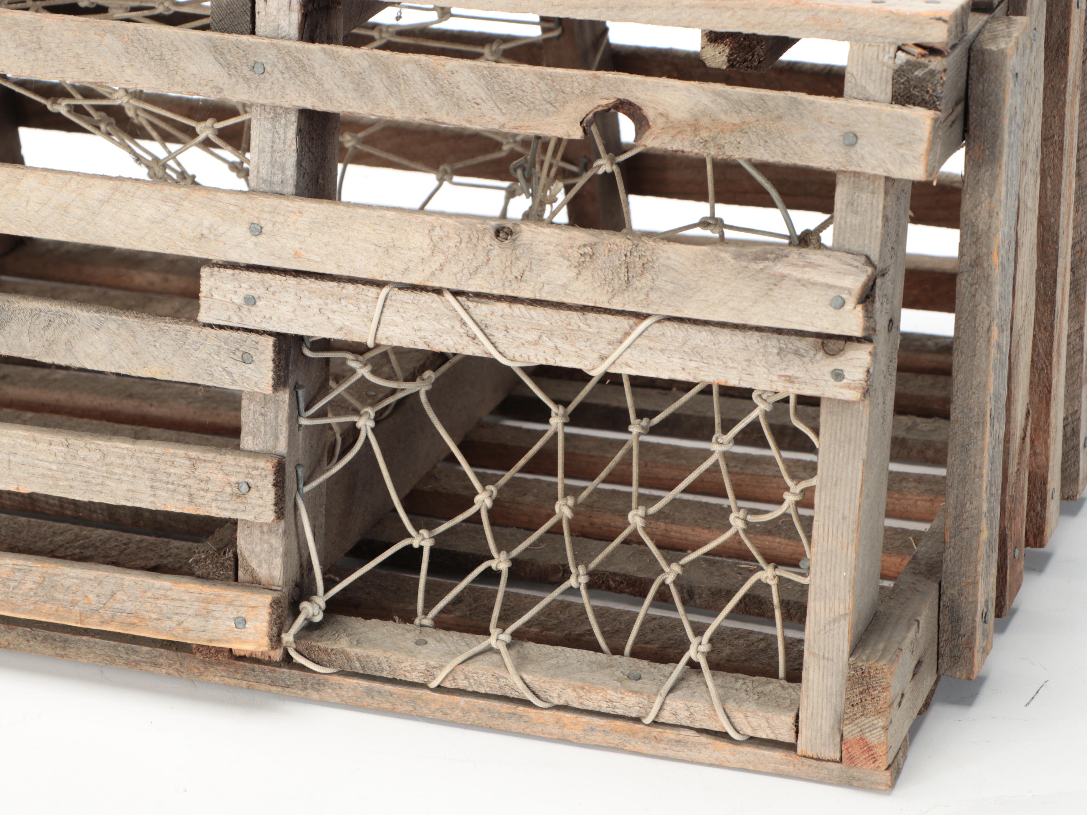 Wooden Lobster Trap with Faux Lobsters