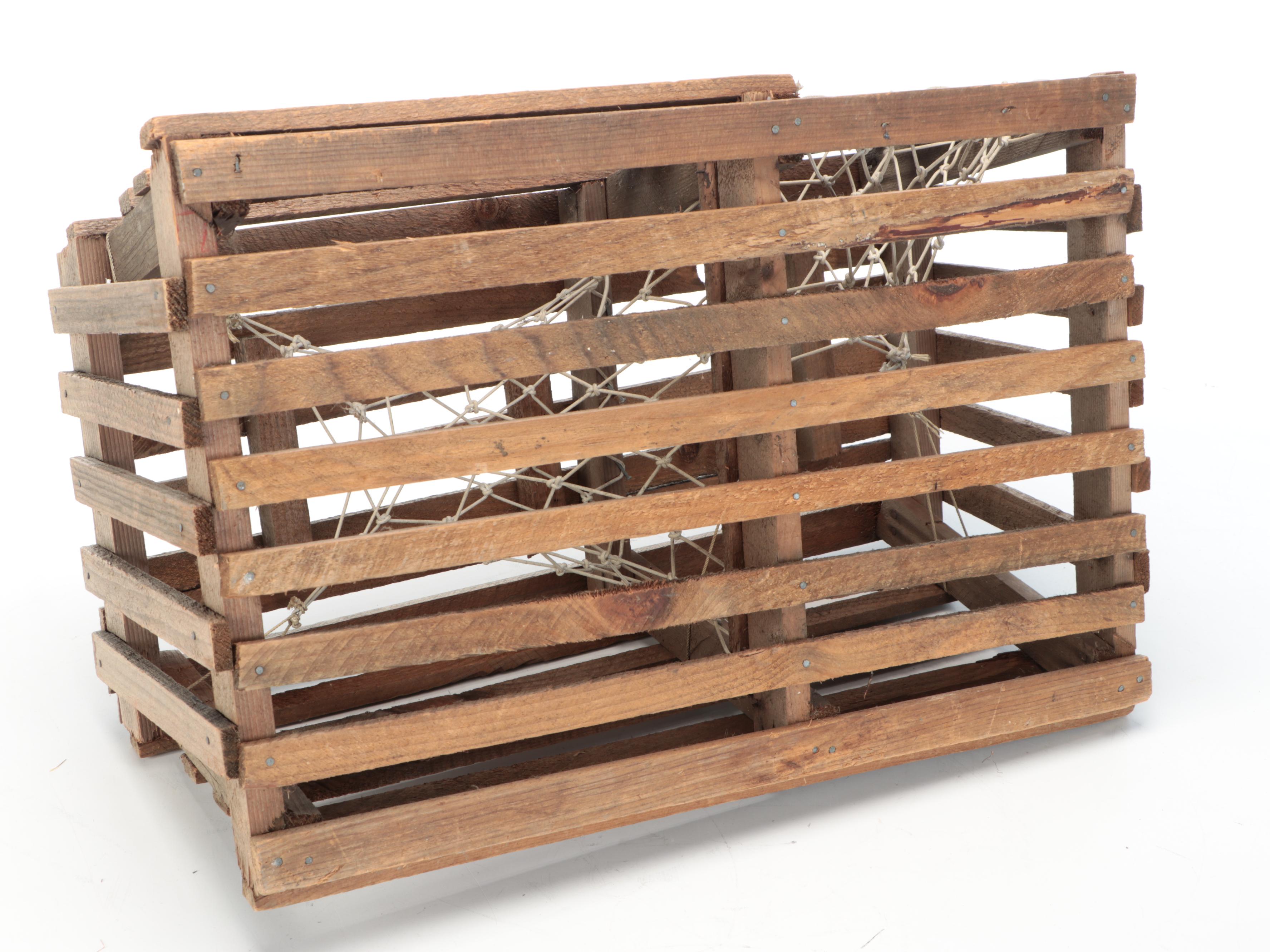 Wooden Lobster Trap with Faux Lobsters