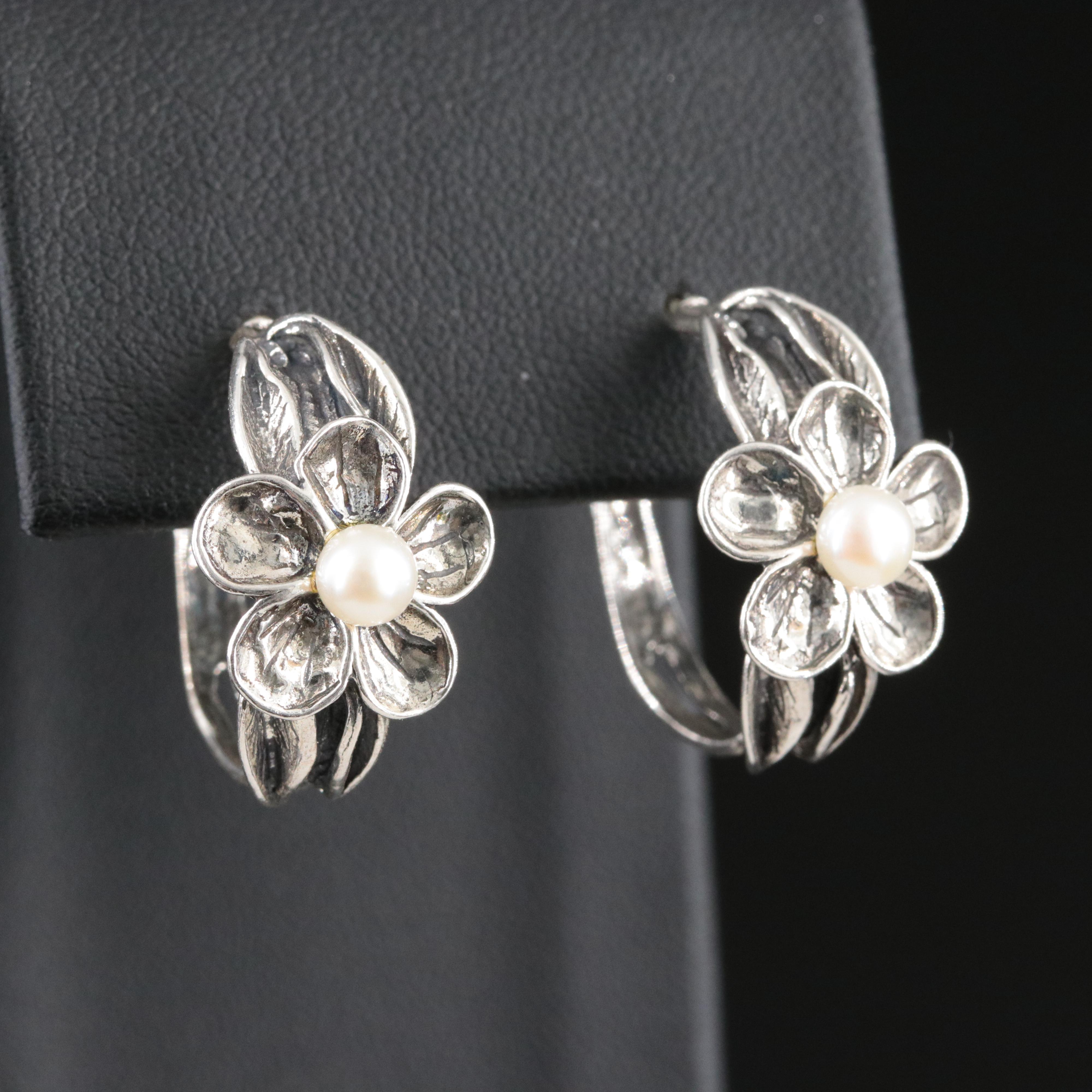 Or Paz Sterling Pearl Floral Half Hoops