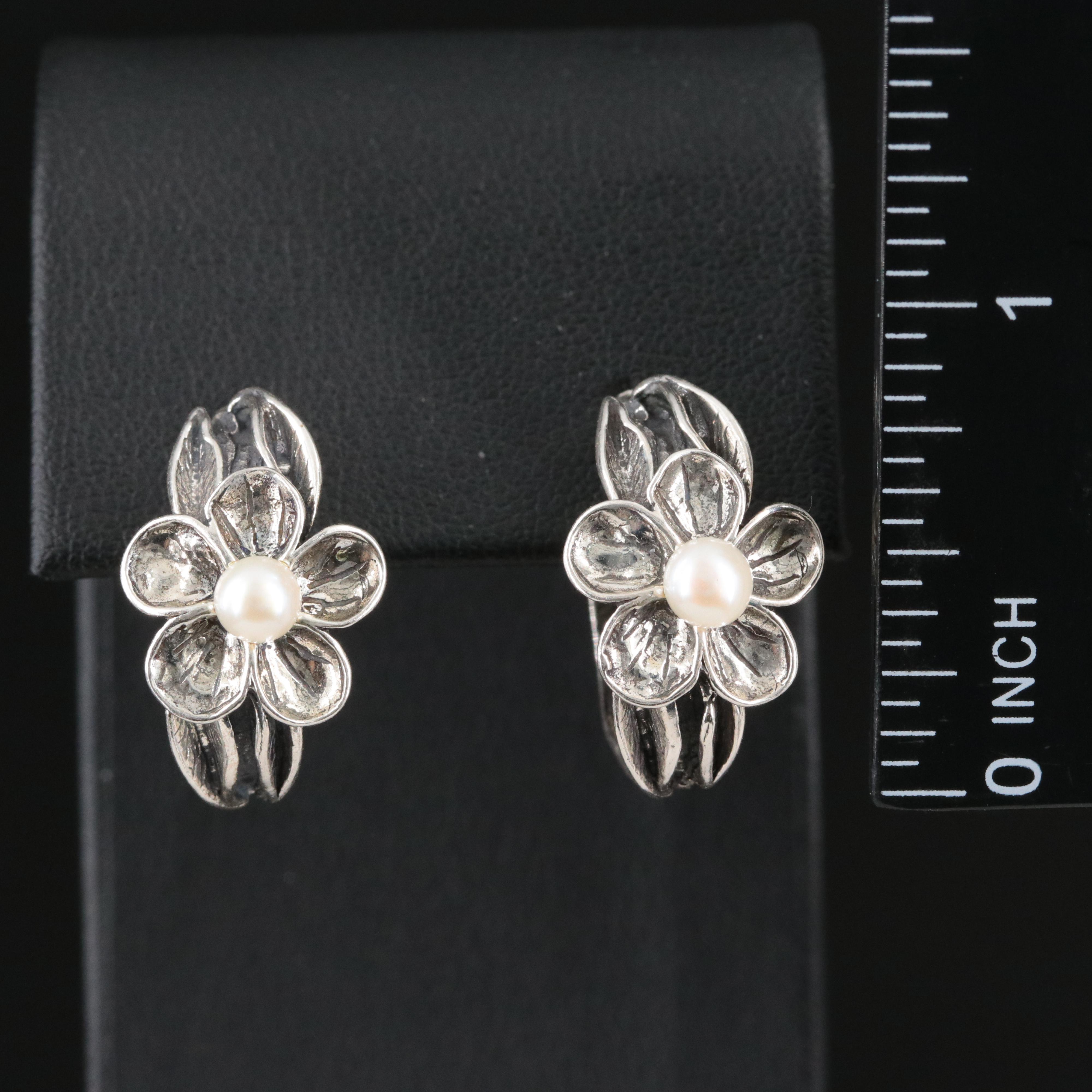 Or Paz Sterling Pearl Floral Half Hoops