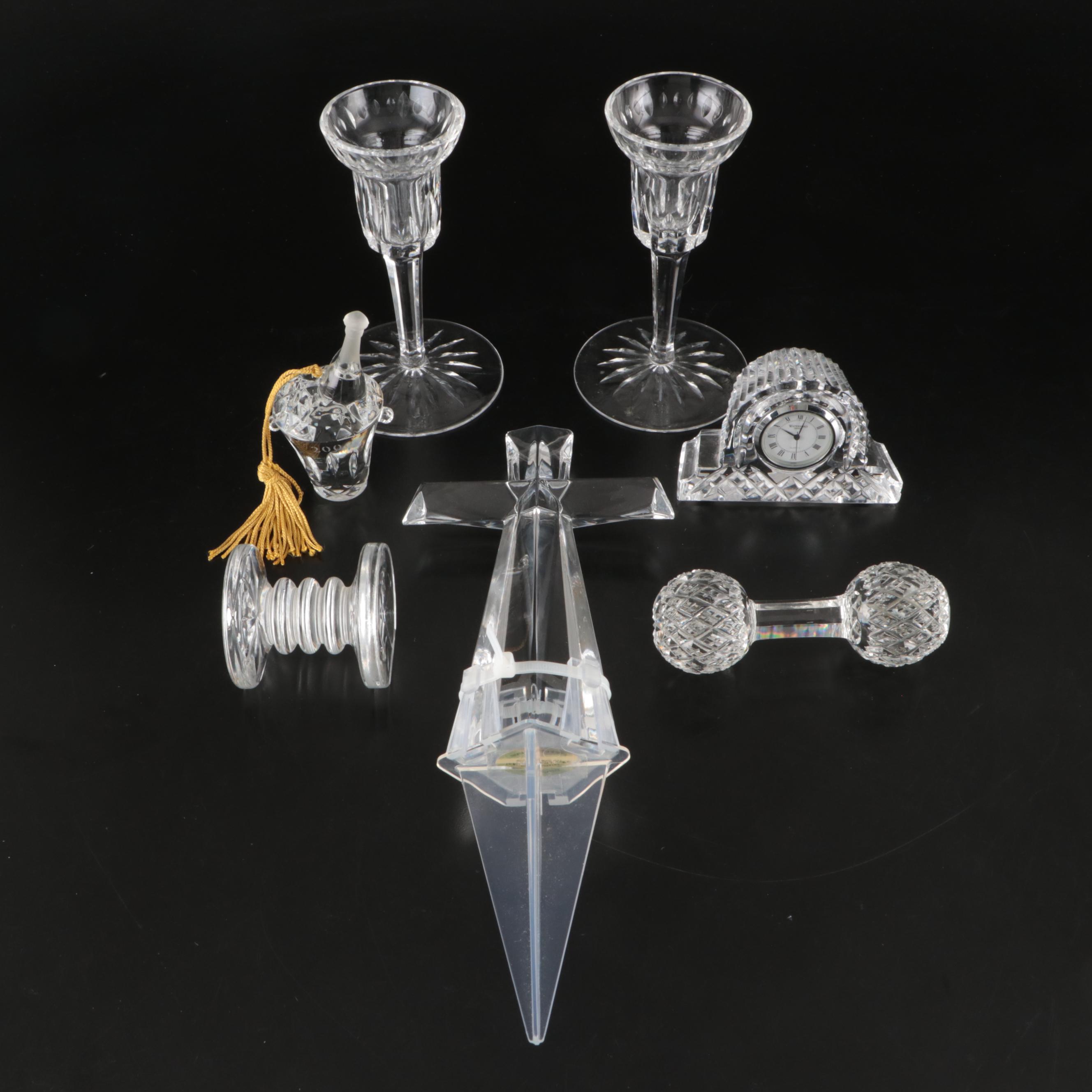 Waterford Crystal Candlesticks and Clock with Other Crystal Table Accessories