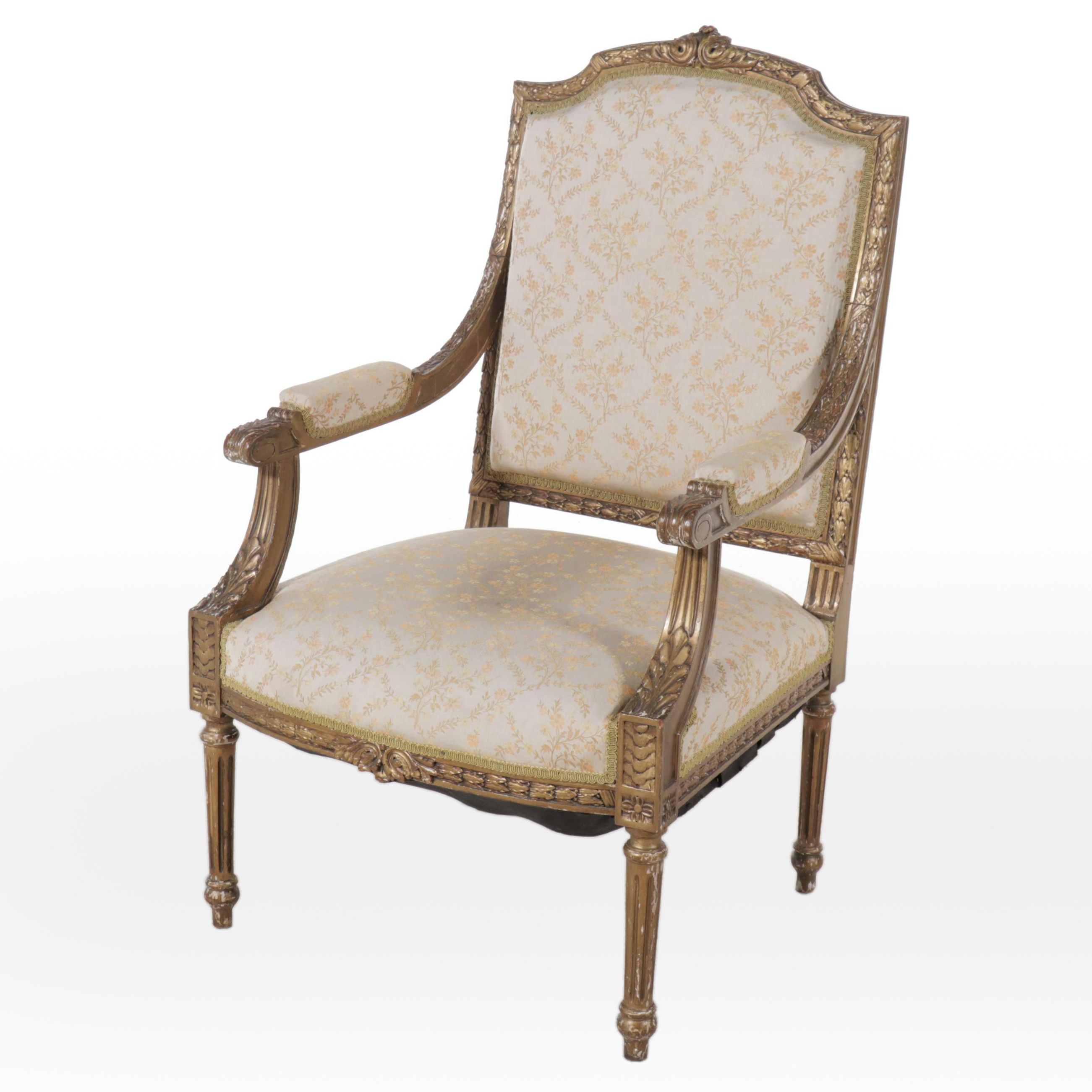 Louis XVI Style Fabric Upholstered Giltwood Fauteuil, 20th Century