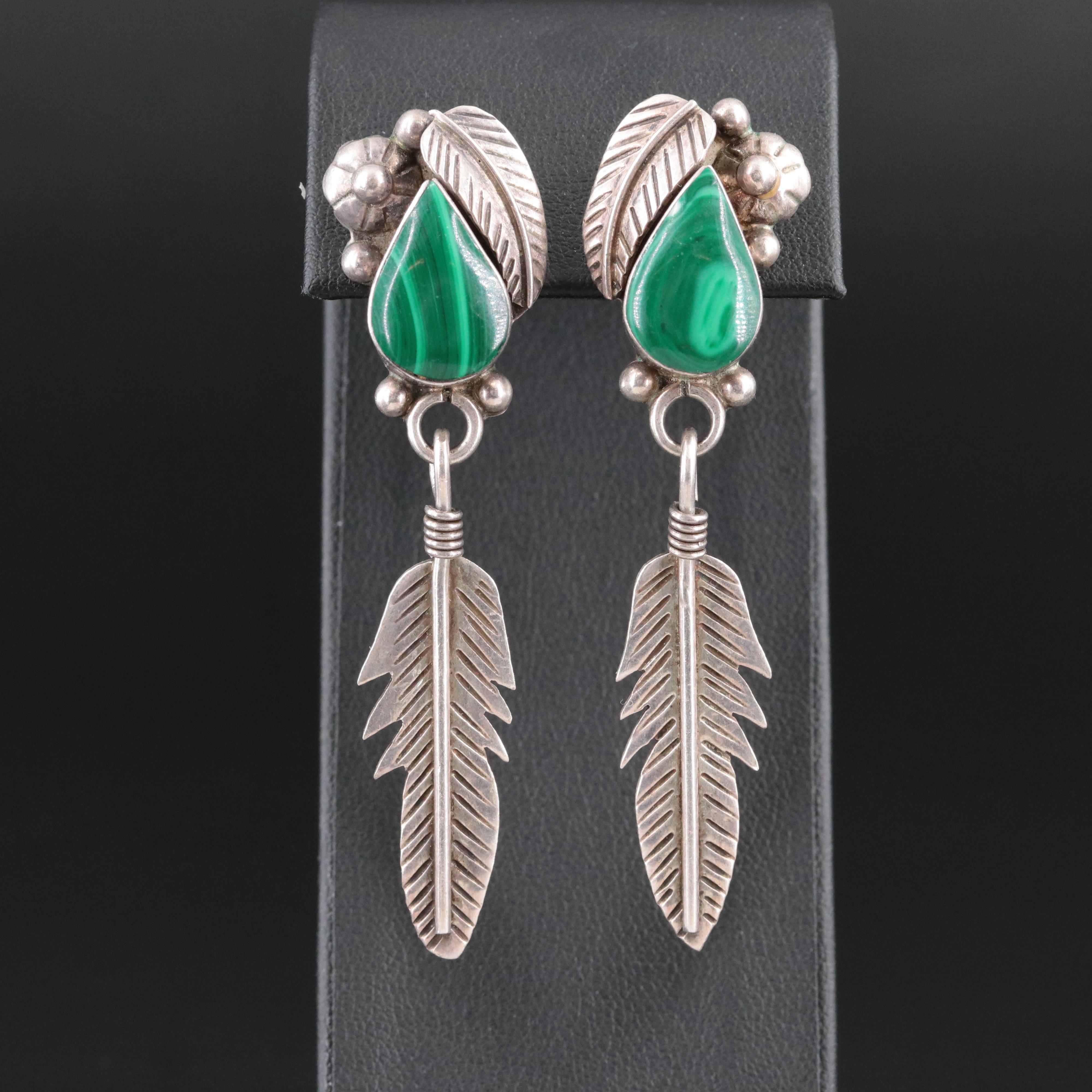 Mexican Sterling Malachite Feather Earrings