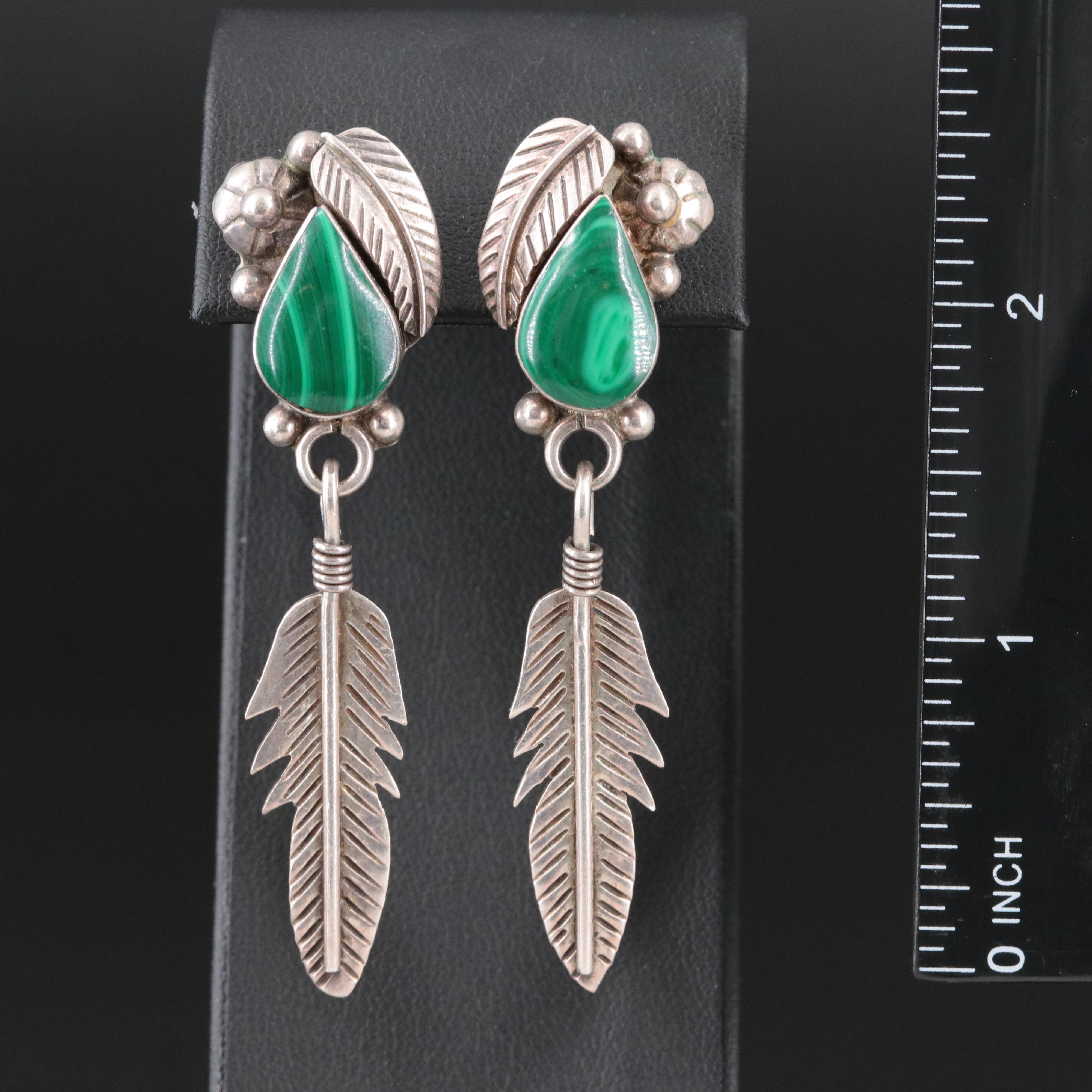 Mexican Sterling Malachite Feather Earrings