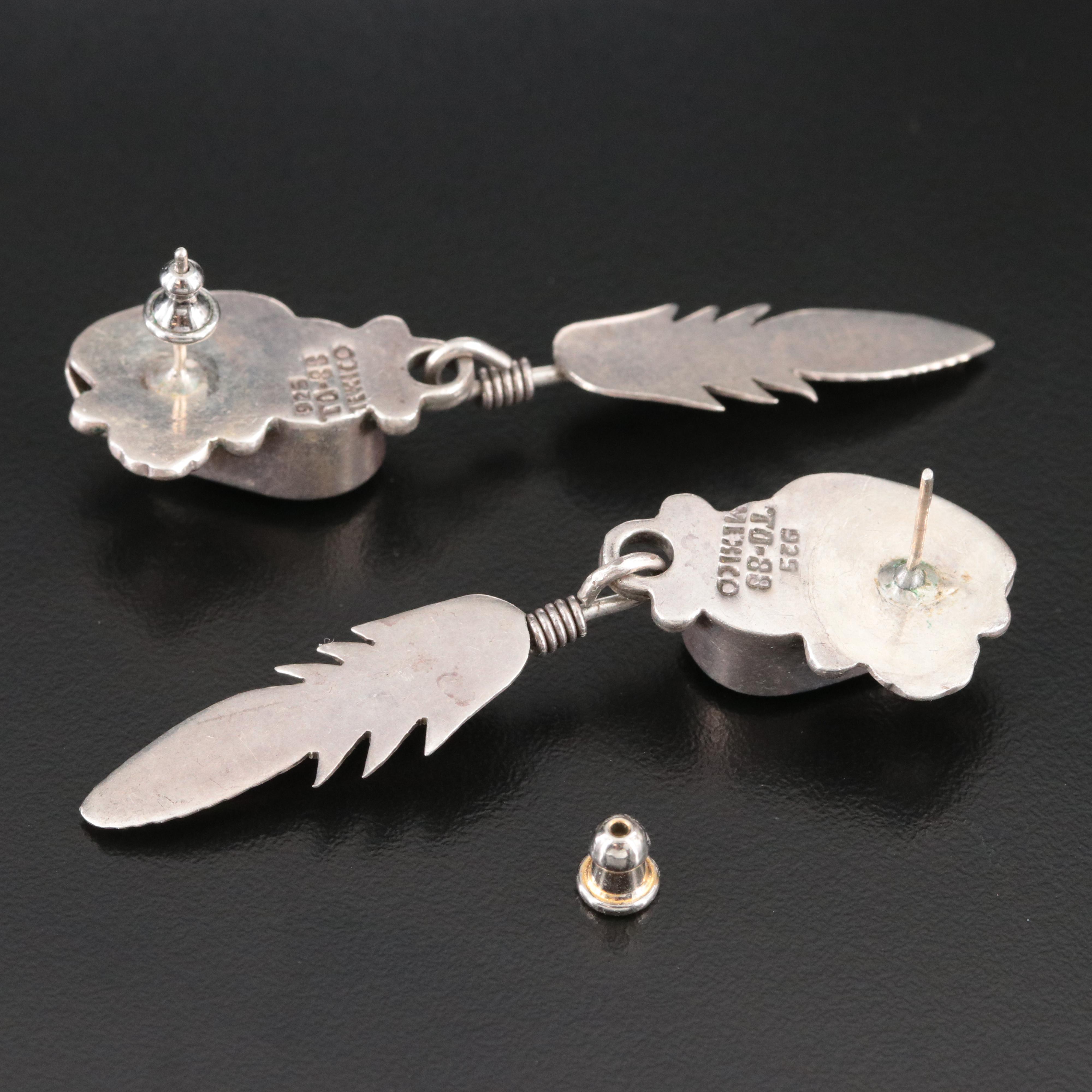 Mexican Sterling Malachite Feather Earrings