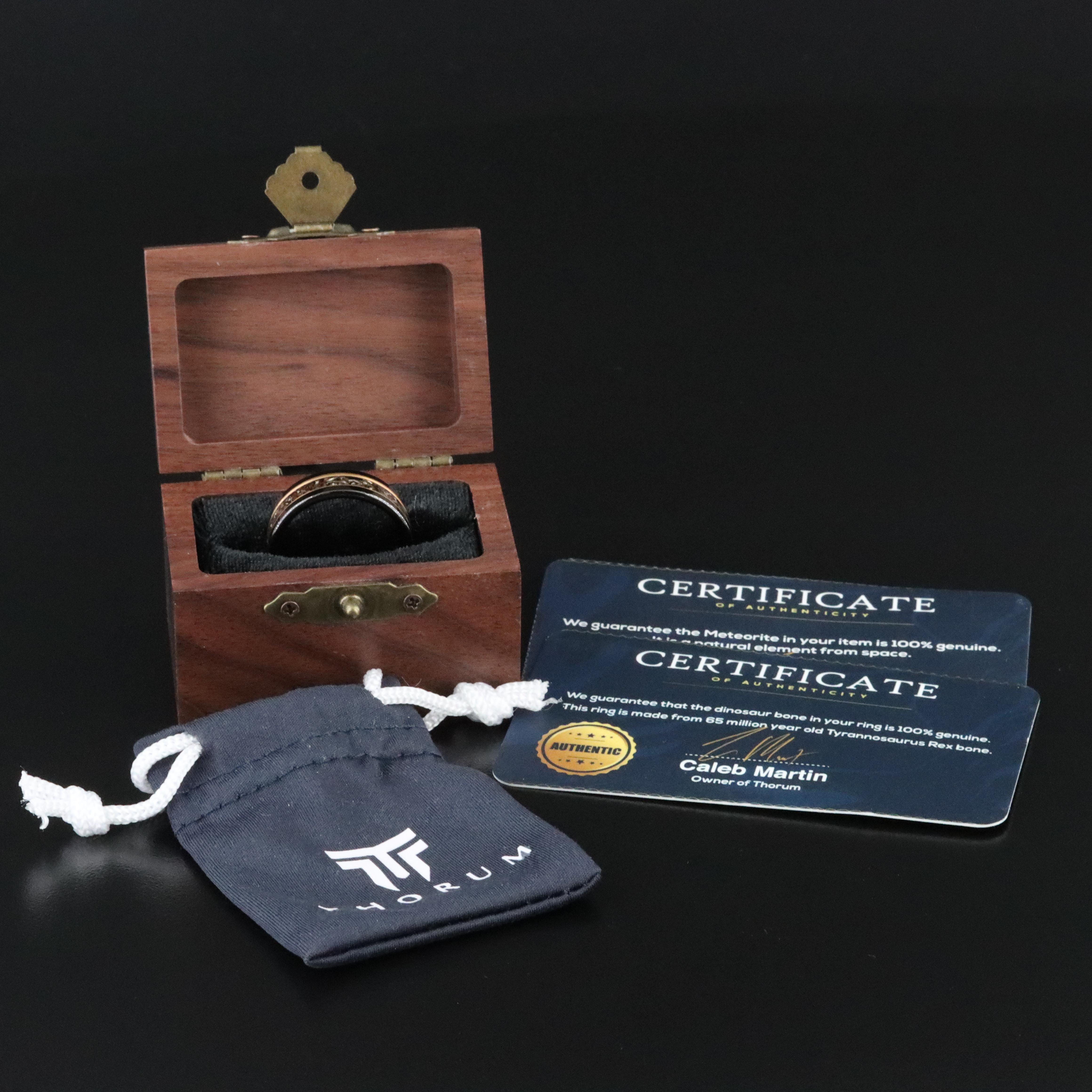 Thorum "The Jurassic" Tungsten, T-Rex Dinosaur Bone, and Meteorite Band with Box
