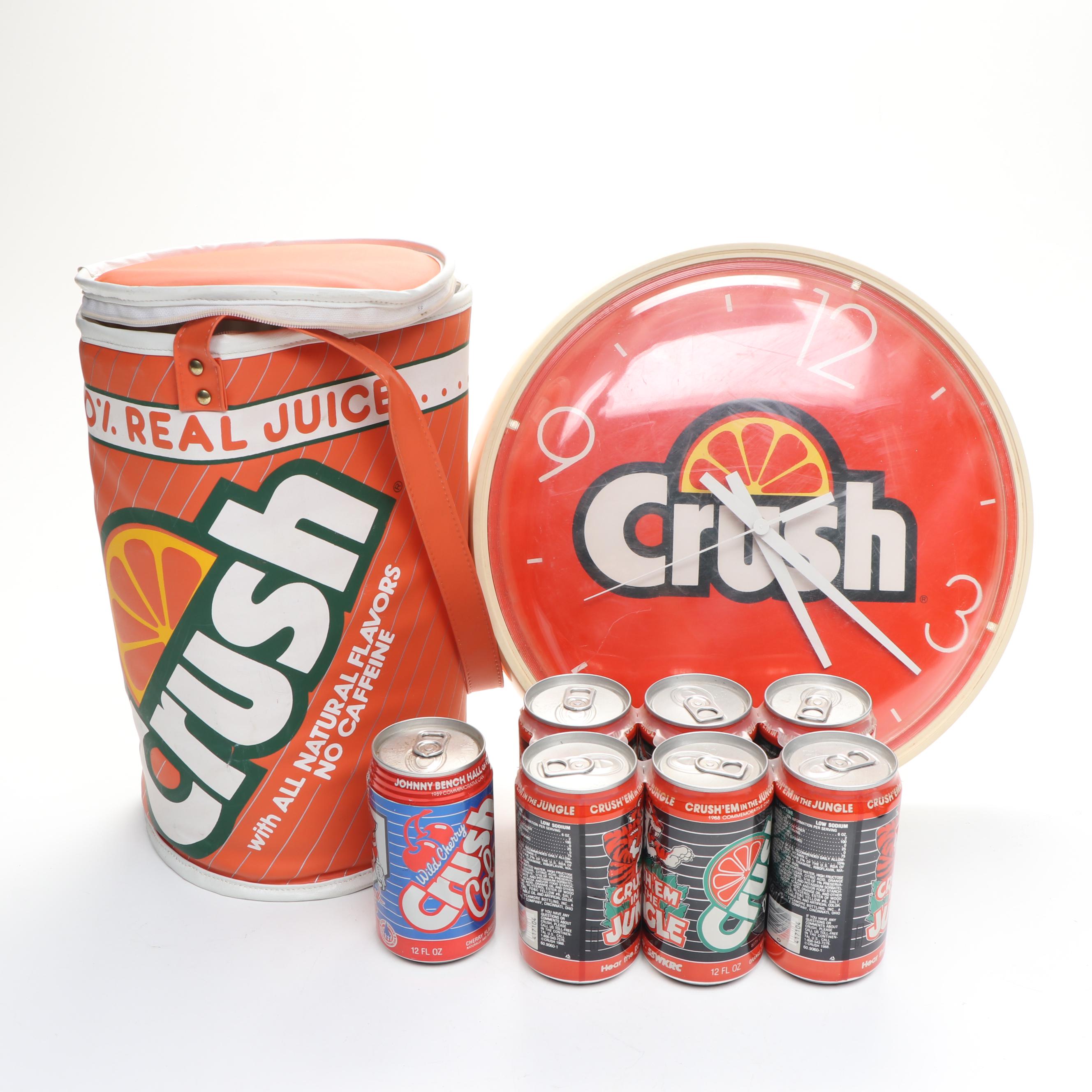 Crush Soda Advertising Cooler, Clock and Cans, Late 20th Century