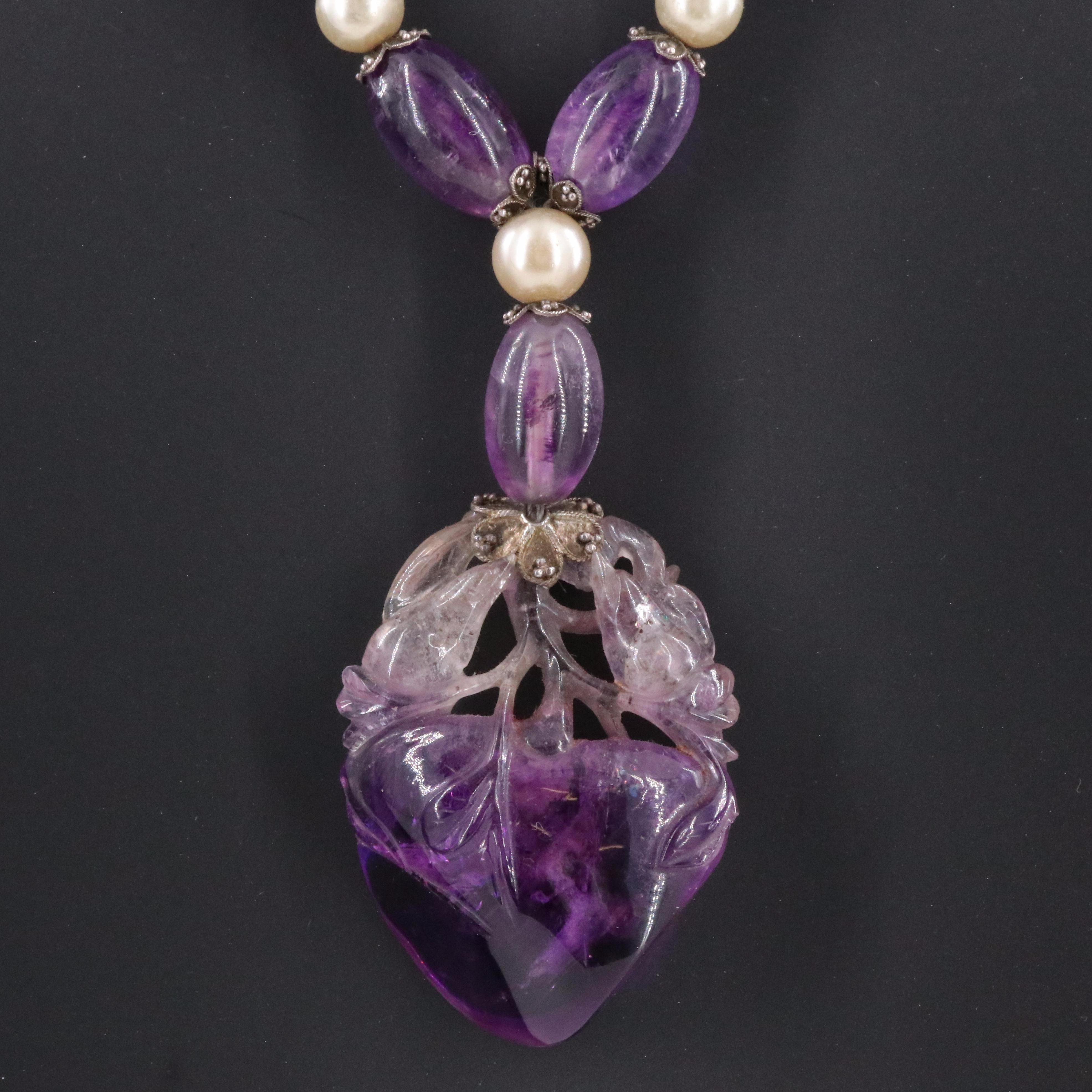 Vintage Chinese Sterling Amethyst and Faux Pearl Carved Fruit and Bird Necklace