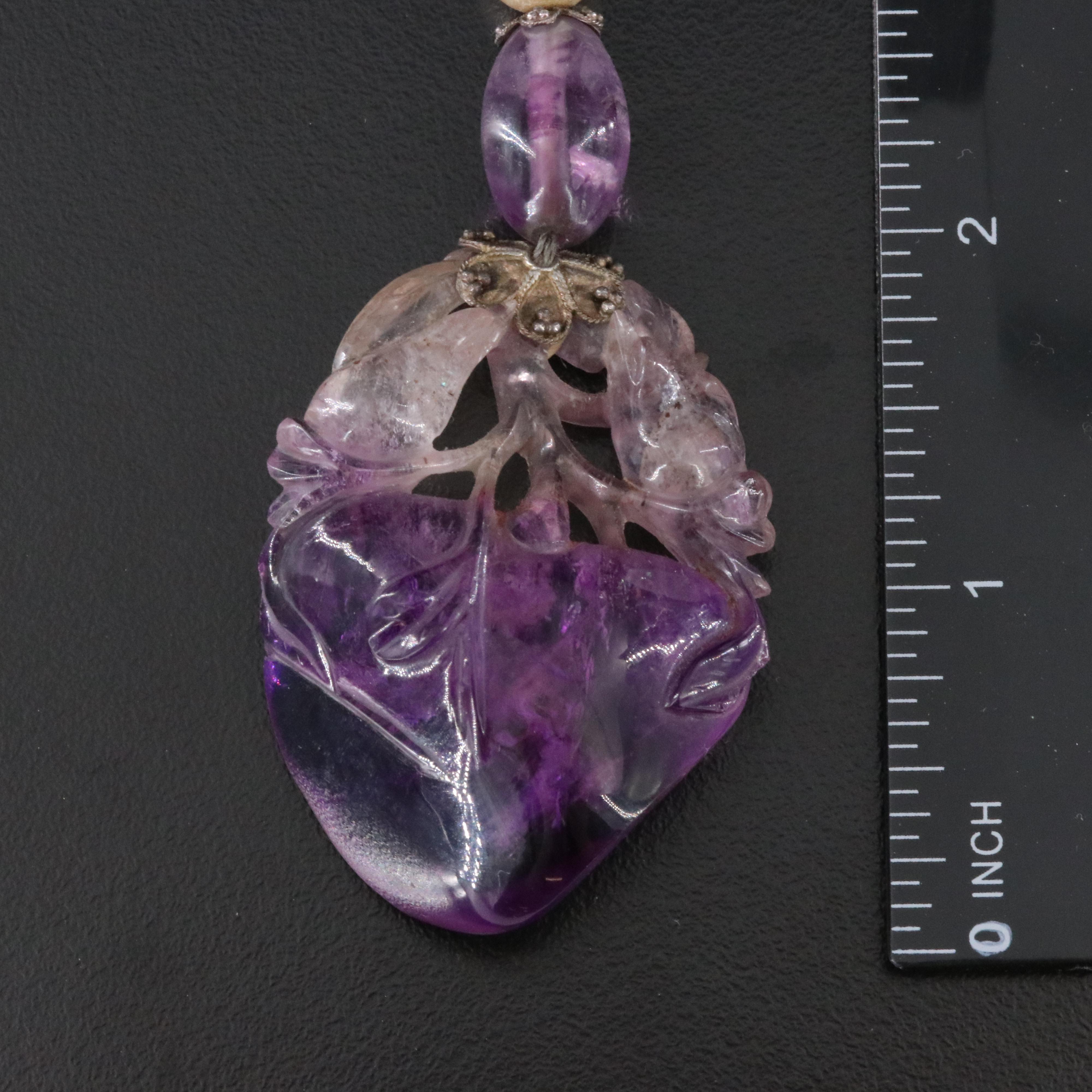 Vintage Chinese Sterling Amethyst and Faux Pearl Carved Fruit and Bird Necklace